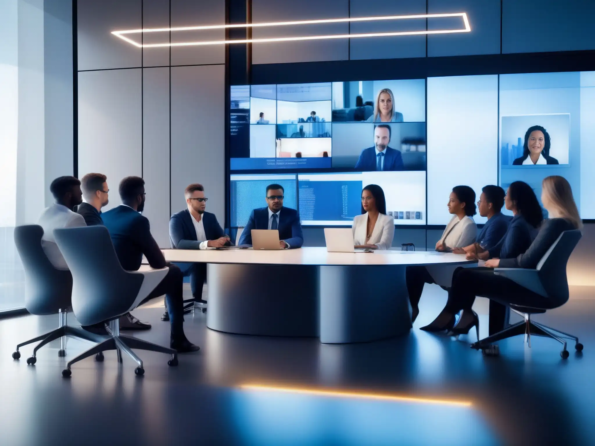 Videoconferencia de profesionales en oficina futurista Profesionales en videoconferencia discuten mejores prácticas ciberseguridad con urgencia en una oficina moderna