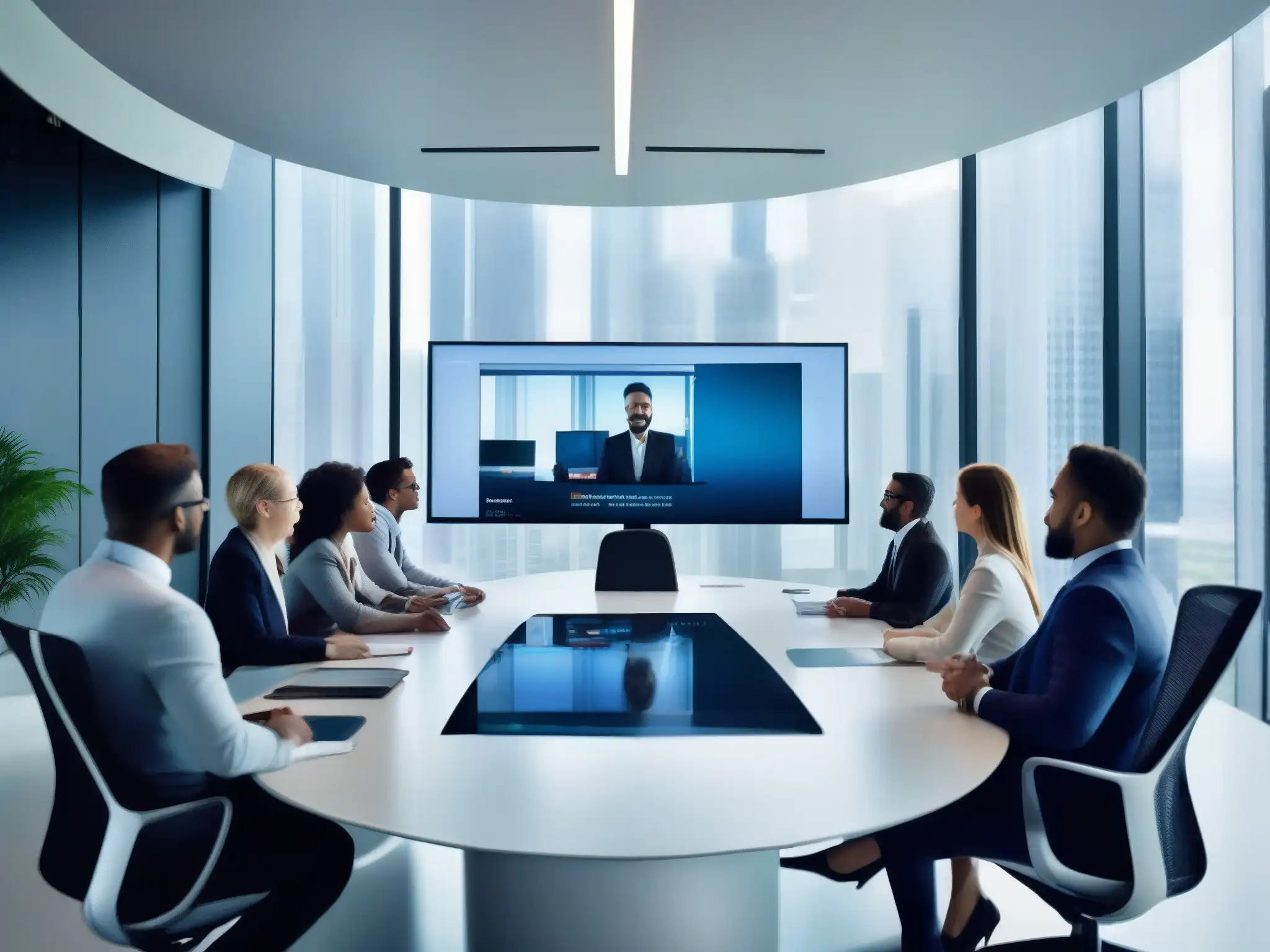 Conferencia mundial en sala futurista: colaboración ágil Profesionales en videoconferencia, colaboración y metodologías ágiles en entorno moderno y luminoso