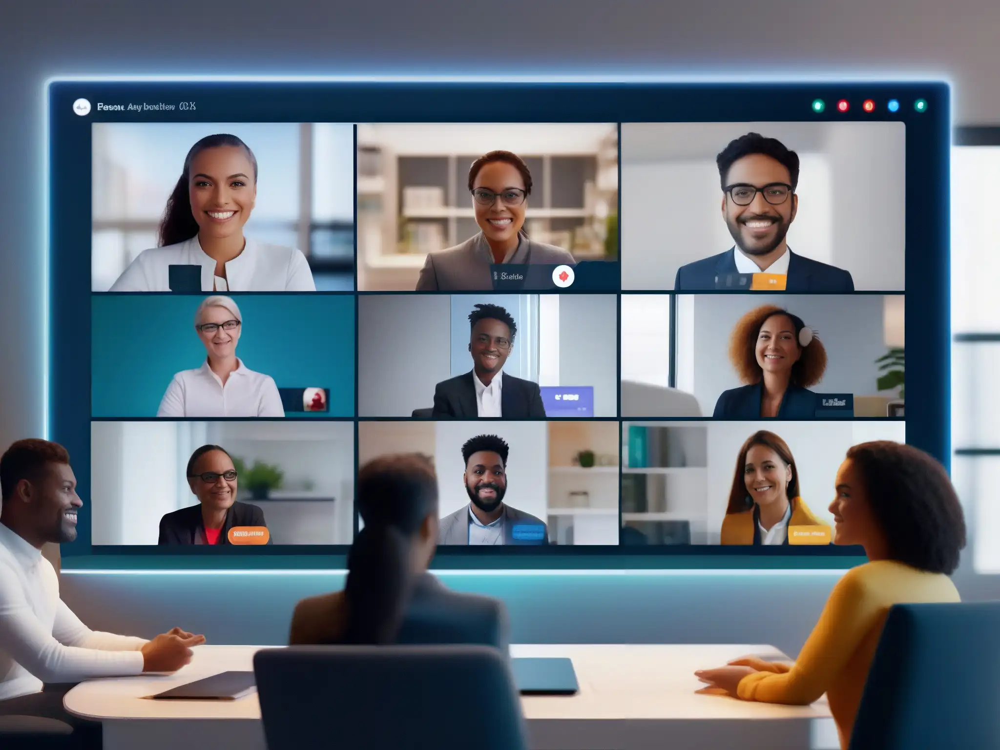 Reunión virtual inclusiva con moderación AI Profesionales en videoconferencia moderada por inteligencia artificial, colaborando con respeto e inclusividad