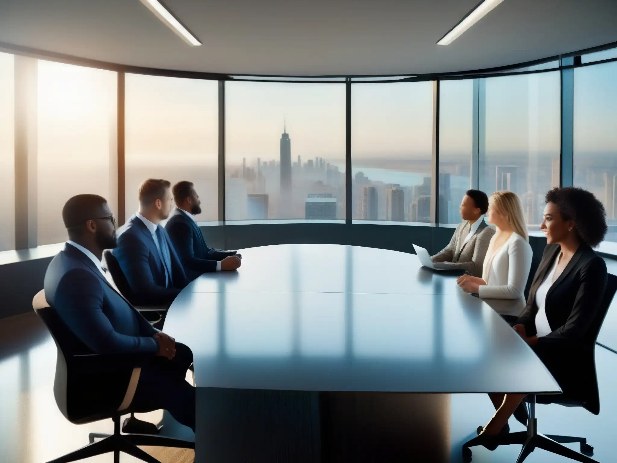 Reunión virtual de profesionales en una sala de juntas moderna Profesionales en una videoconferencia moderna, colaborativa, con vista a la ciudad