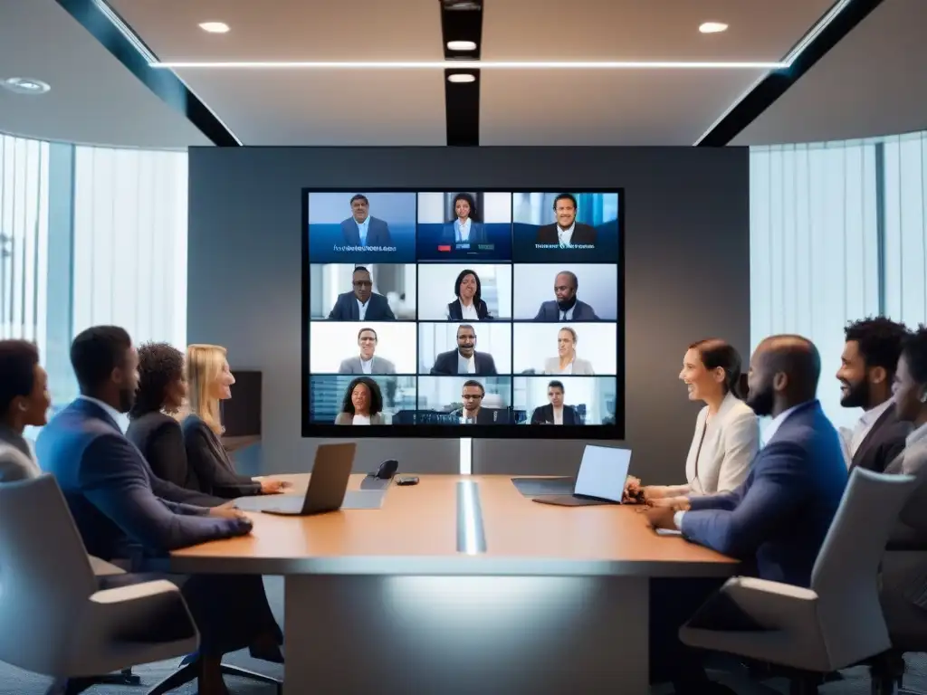 Profesionales enfocados en videoconferencia moderna Profesionales en videoconferencia moderna, mejorando experiencia con comentarios