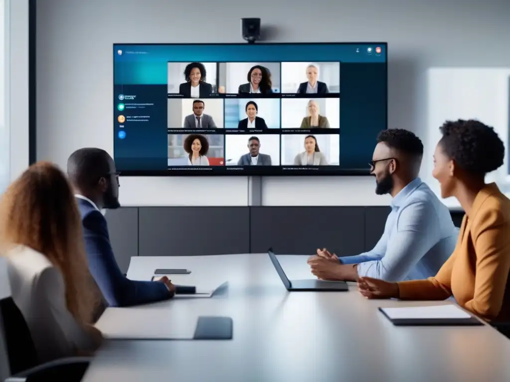 Videoconferencia profesional: colaboración diversa y dinámica Profesionales diversos participan activamente en una videoconferencia moderna con integraciones personalizadas