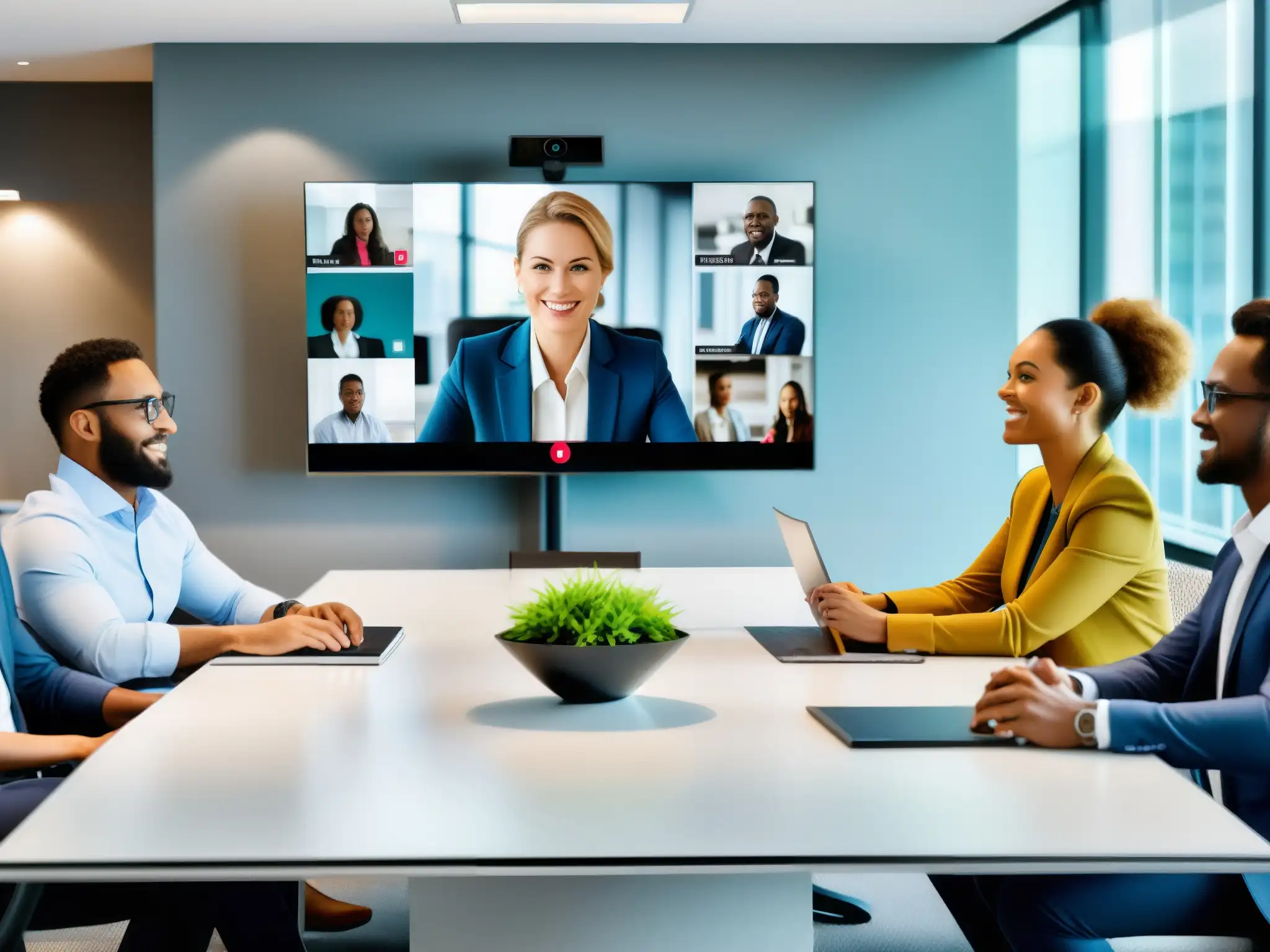 Videoconferencia profesional: colaboración dinámica y eficiente Profesionales en videoconferencia WebRTC en moderna oficina