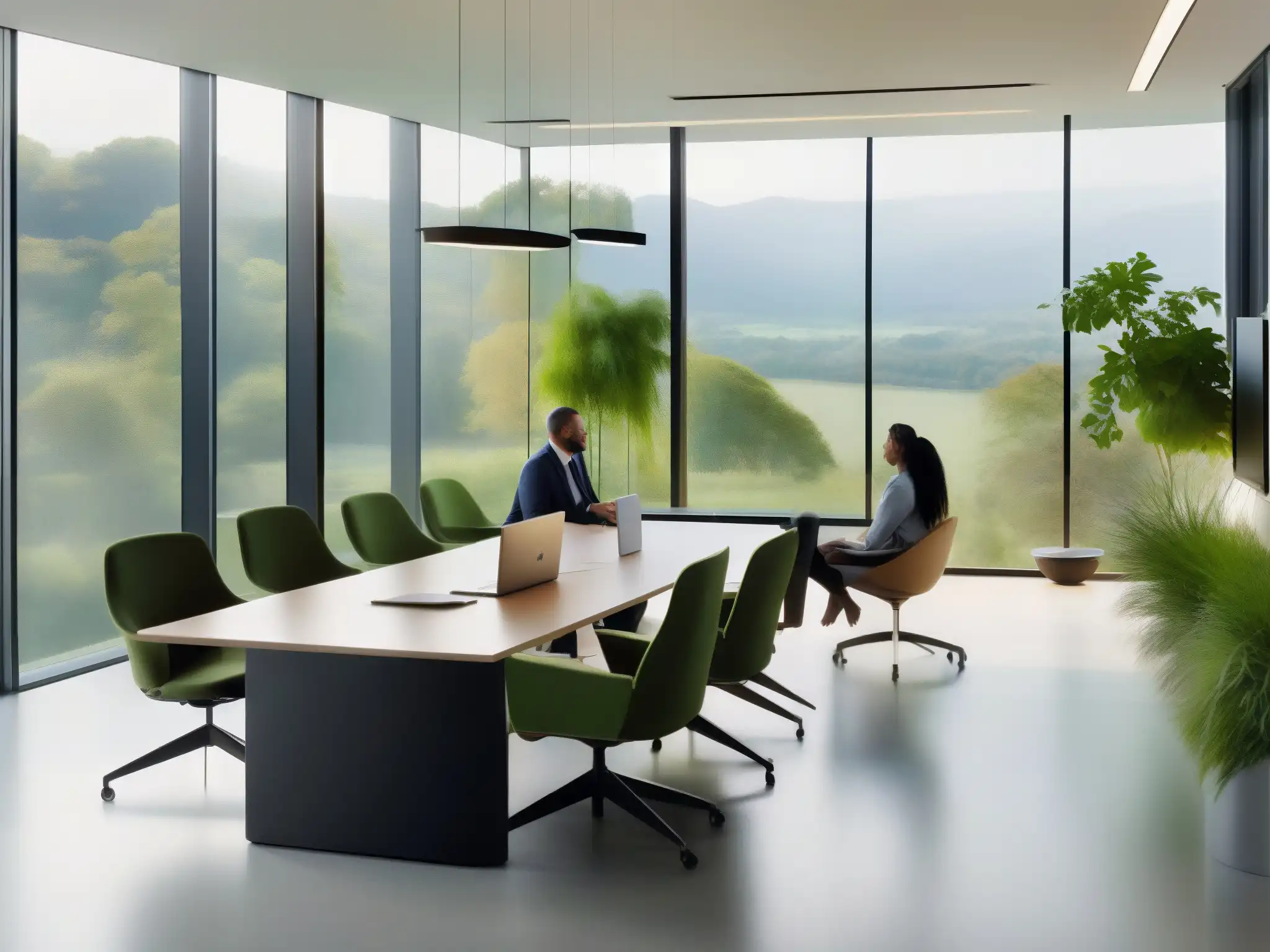 Oficina sostenible: Innovación, colaboración y naturaleza Profesionales en videoconferencia en moderna oficina con vista panorámica a la naturaleza
