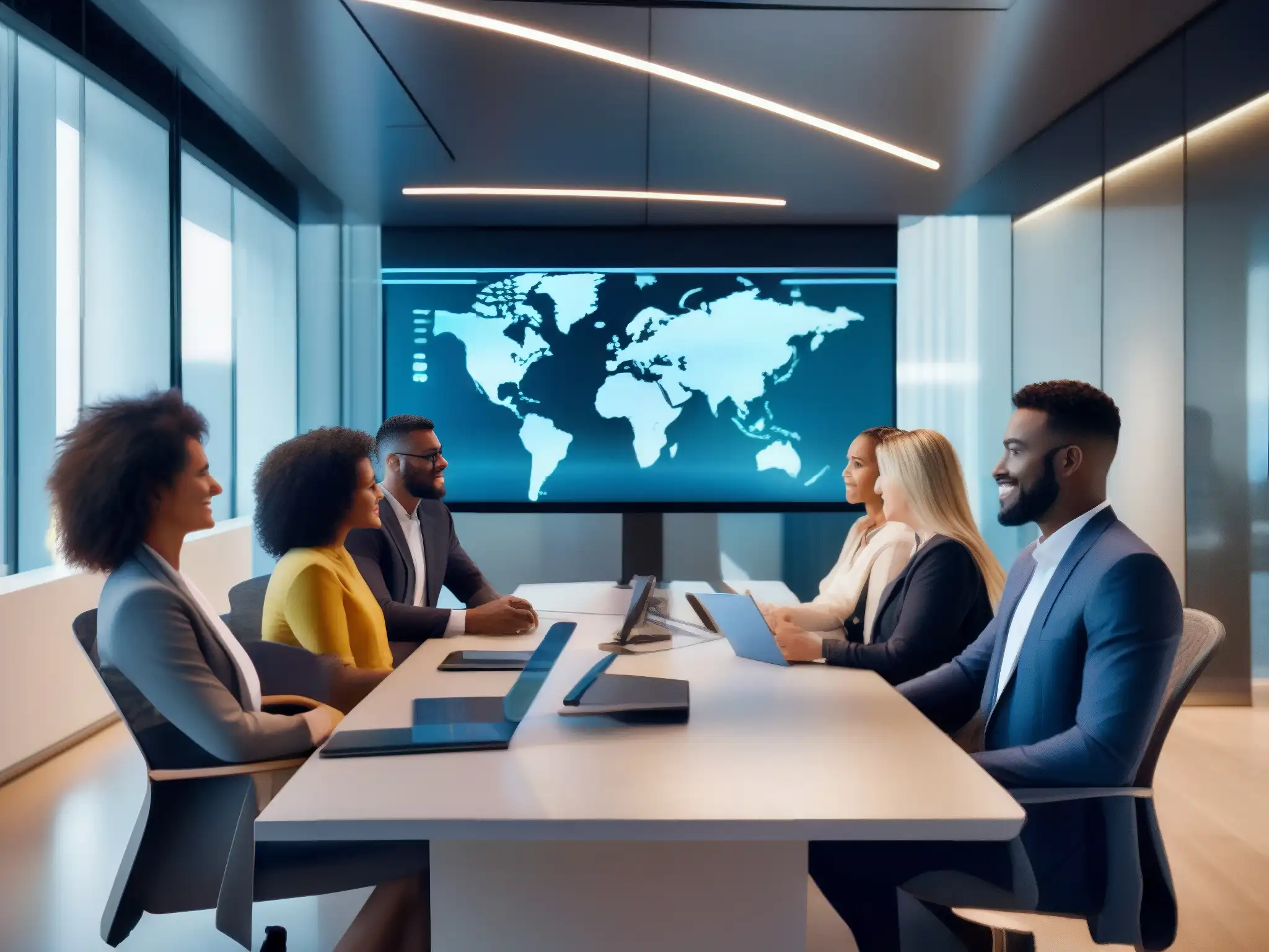 Profesionales globales en dinámica videoconferencia Profesionales en videoconferencia moderna con plataformas de traducción simultánea