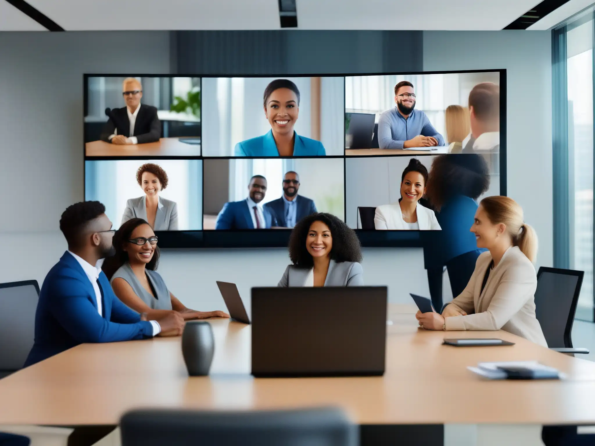 Videoconferencia profesional: colaboración diversa y productiva Profesionales diversos participan activamente en una videoconferencia moderna, transmitiendo productividad y trabajo en equipo