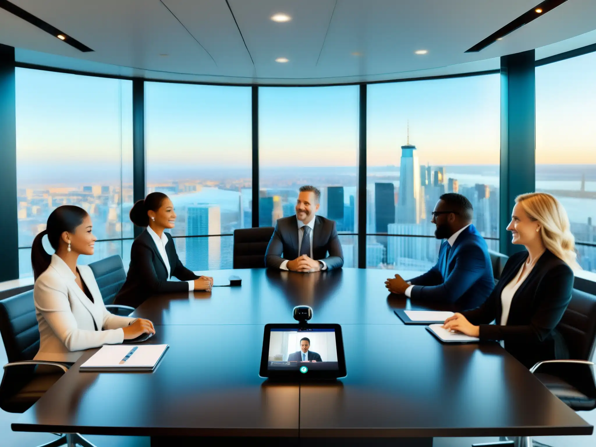 Conferencia empresarial de alta tecnología Profesionales en videoconferencia en una moderna sala de juntas con vista panorámica a la ciudad