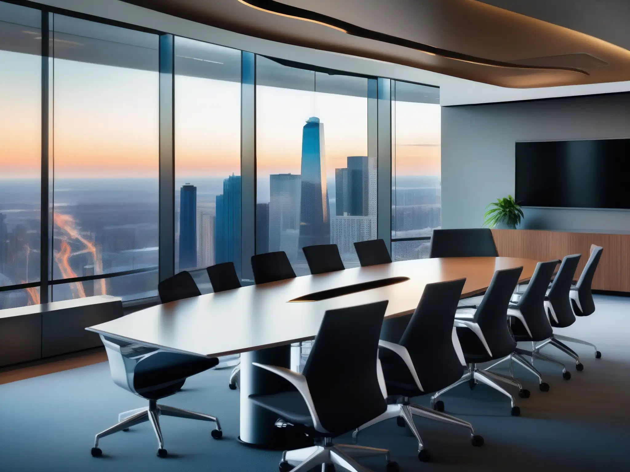 Salón de conferencias moderno con vista a la ciudad y videoconferencia Profesionales en videoconferencia en moderna sala de juntas con vista a la ciudad