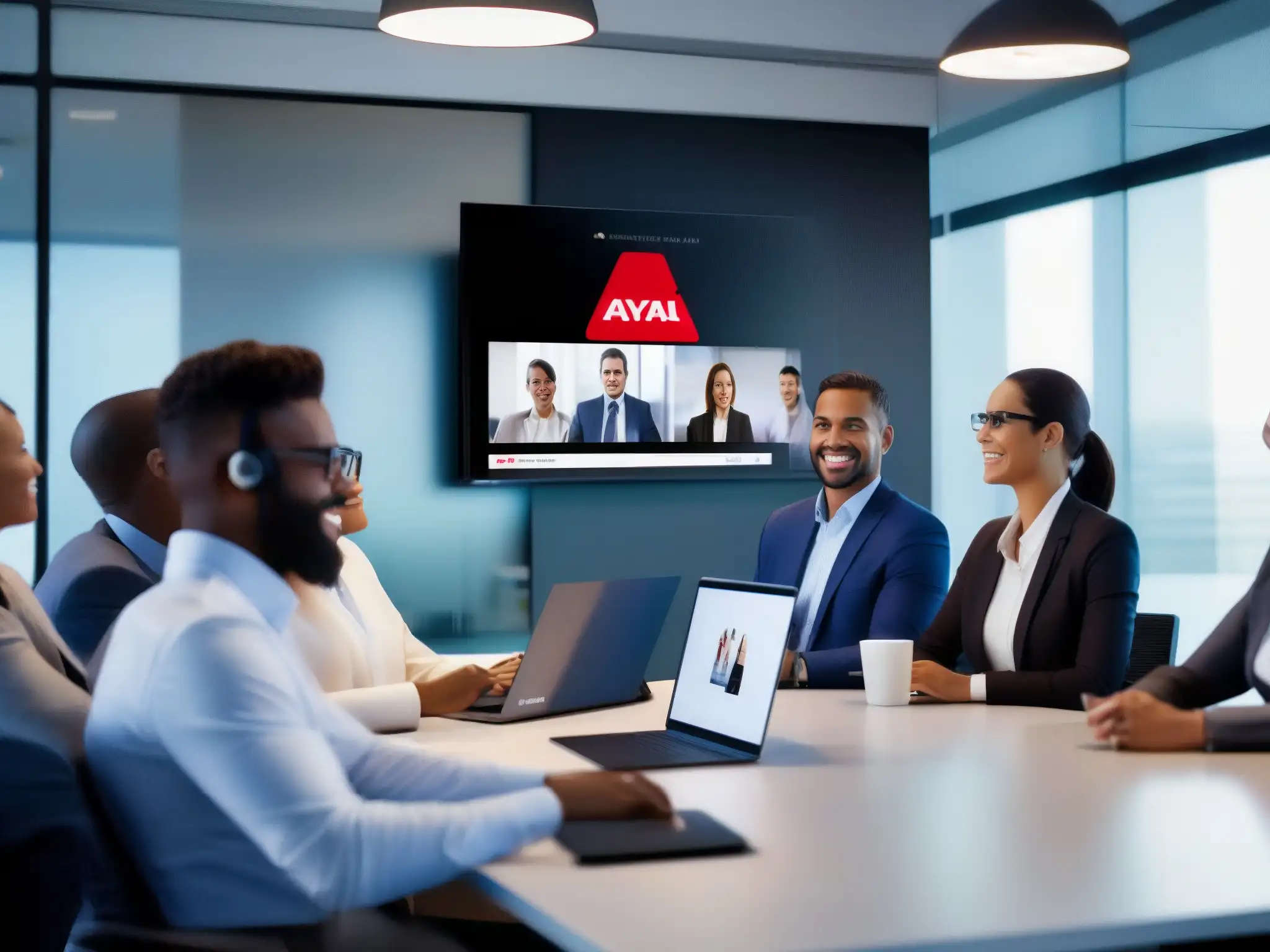 Reunión virtual de profesionales con Avaya IX Workplace Profesionales en videoconferencia usando Avaya IX, con decoración moderna