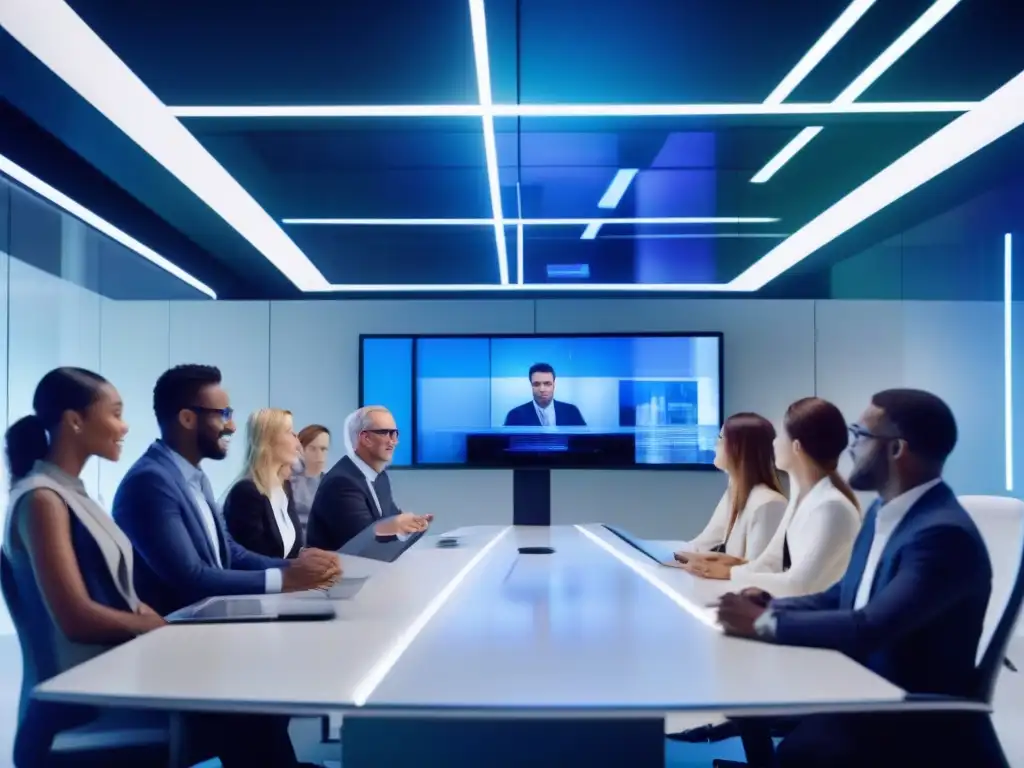Conferencia virtual de profesionales en espacio futurista Profesionales en videoconferencia, colaboración e innovación en modernas oficinas
