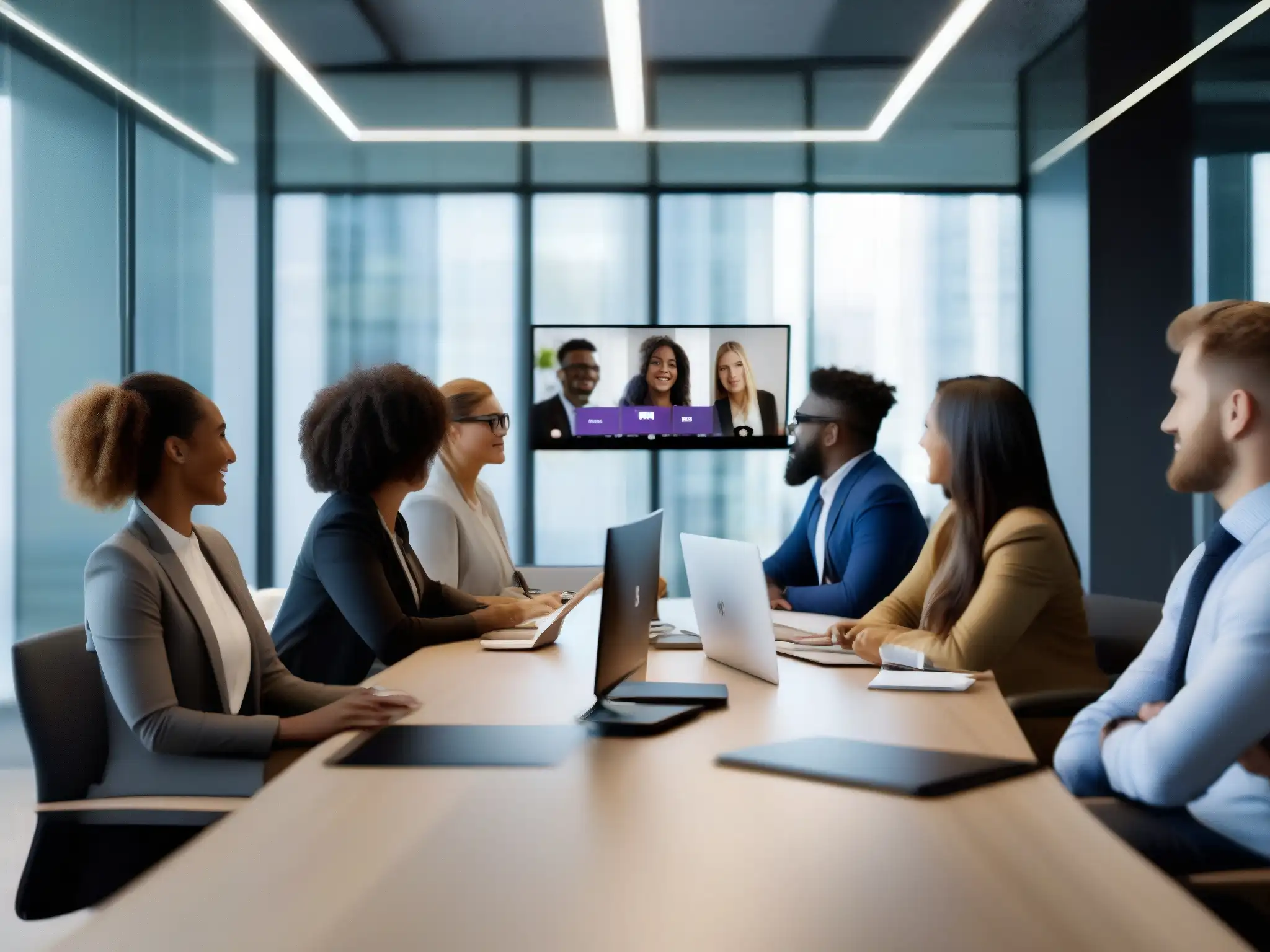 Reunión profesional con Microsoft Teams en oficina moderna Profesionales colaborando en una videoconferencia usando Microsoft Teams en un moderno espacio de oficina
