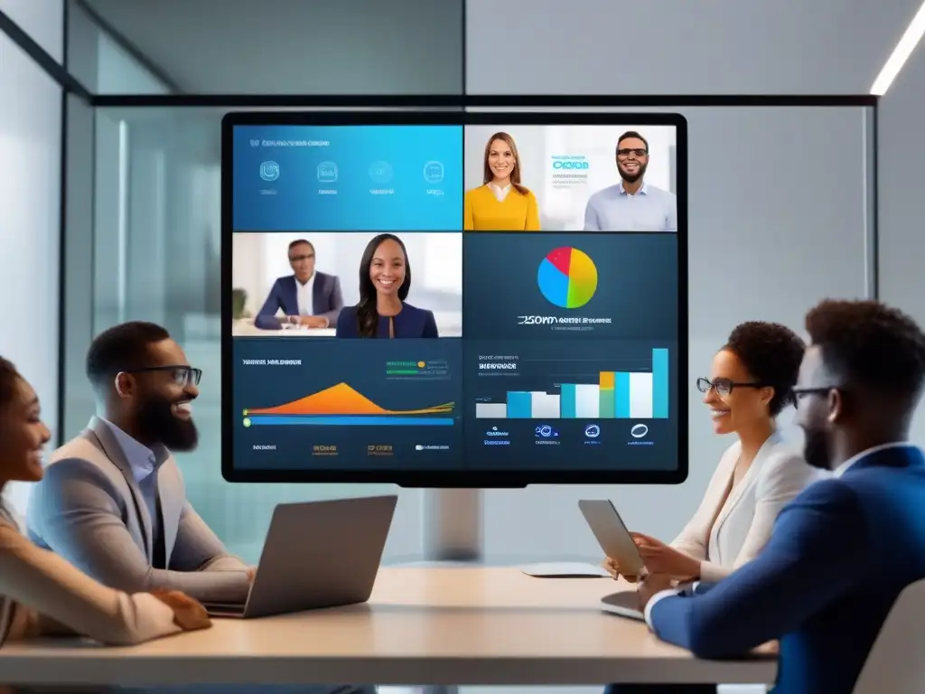 Profesionales en videoconferencia móvil, comparativa eficiencia datos, ambiente moderno y colaborativo