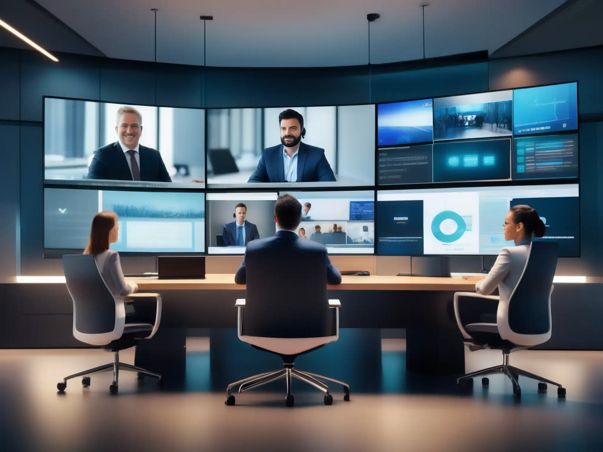 Videoconferencia segura y profesional: Multidominio y encriptación Profesionales en videoconferencia multidominio, transmitiendo confianza y seguridad en la protección de datos