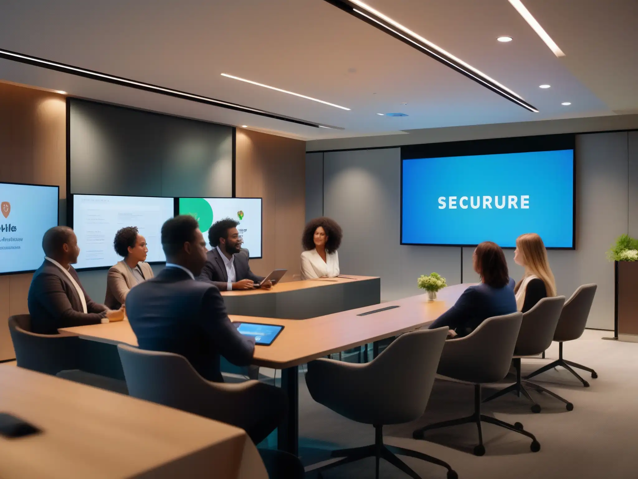 Videoconferencia segura y colaborativa con múltiples dominios Profesionales colaborando en videoconferencia multidominio con seguridad y diversidad