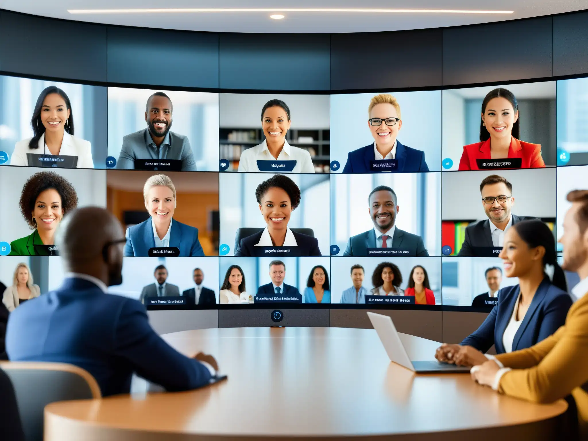 Videoconferencia multilingüe: Profesionales colaborando en tiempo real Profesionales en videoconferencia multilingüe, con subtítulos dinámicos en pantalla