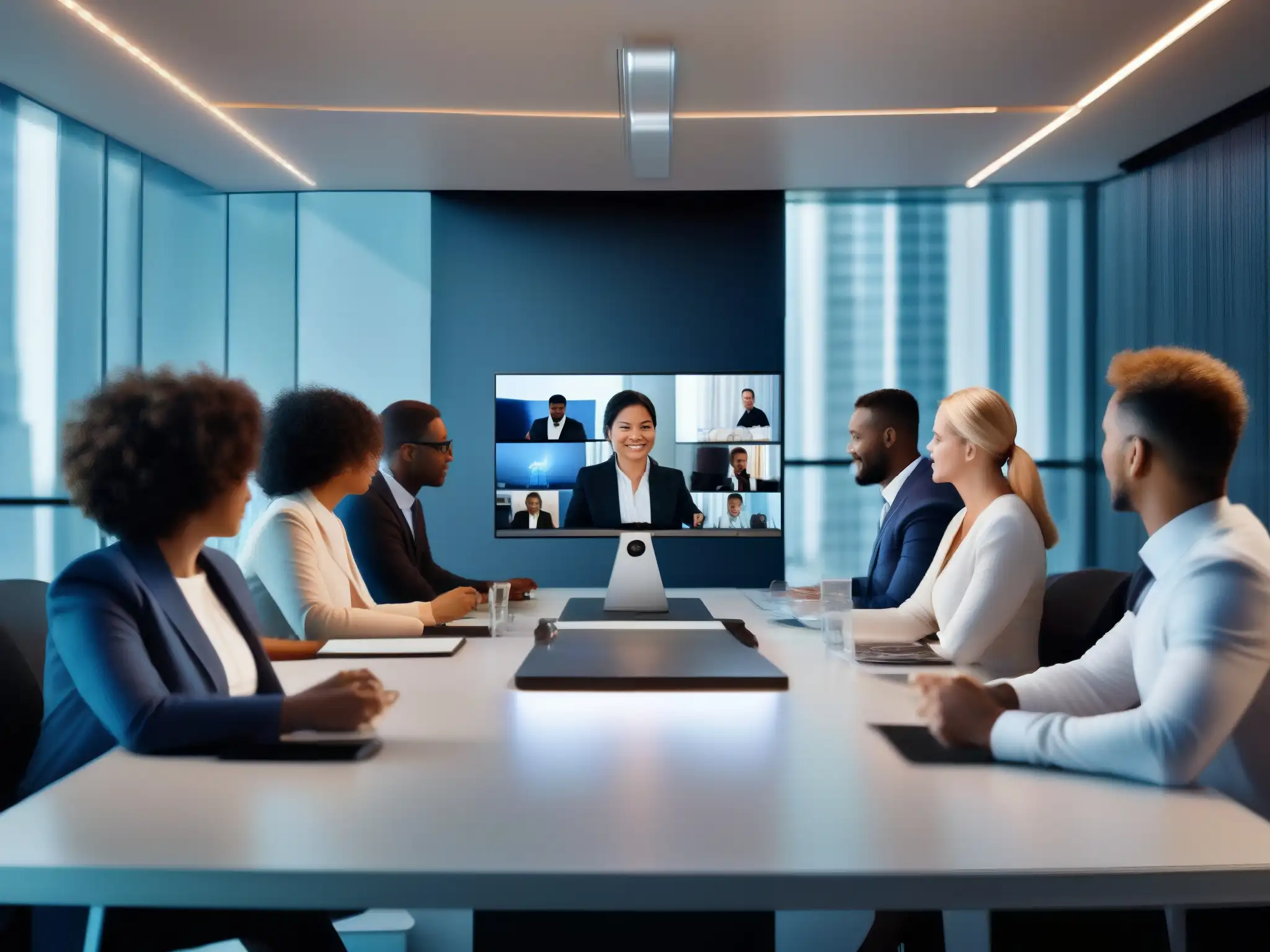 Conferencia virtual global de profesionales en 5G Profesionales en videoconferencia multinacional con mejora sincronización 5G, reflejando colaboración global dinámica y profesional