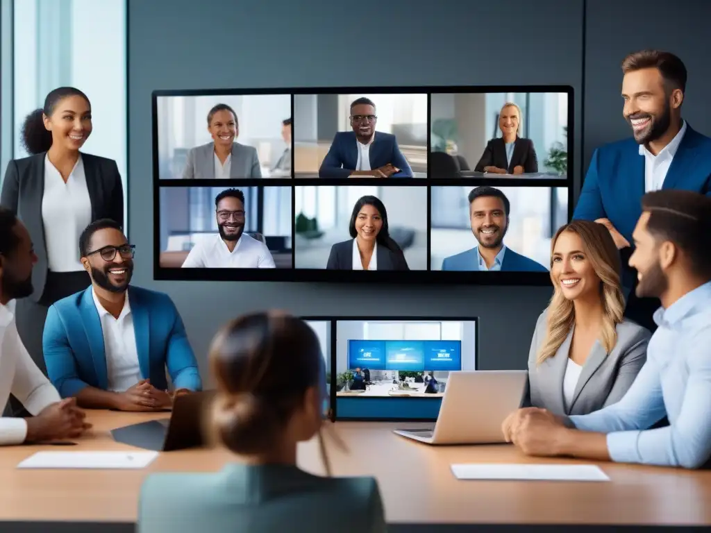 Conferencia de video en 8K: Profesionales en acción Profesionales en videoconferencia 8K, mostrando la necesidad de resolución 4K y 8K en entornos profesionales y educativos