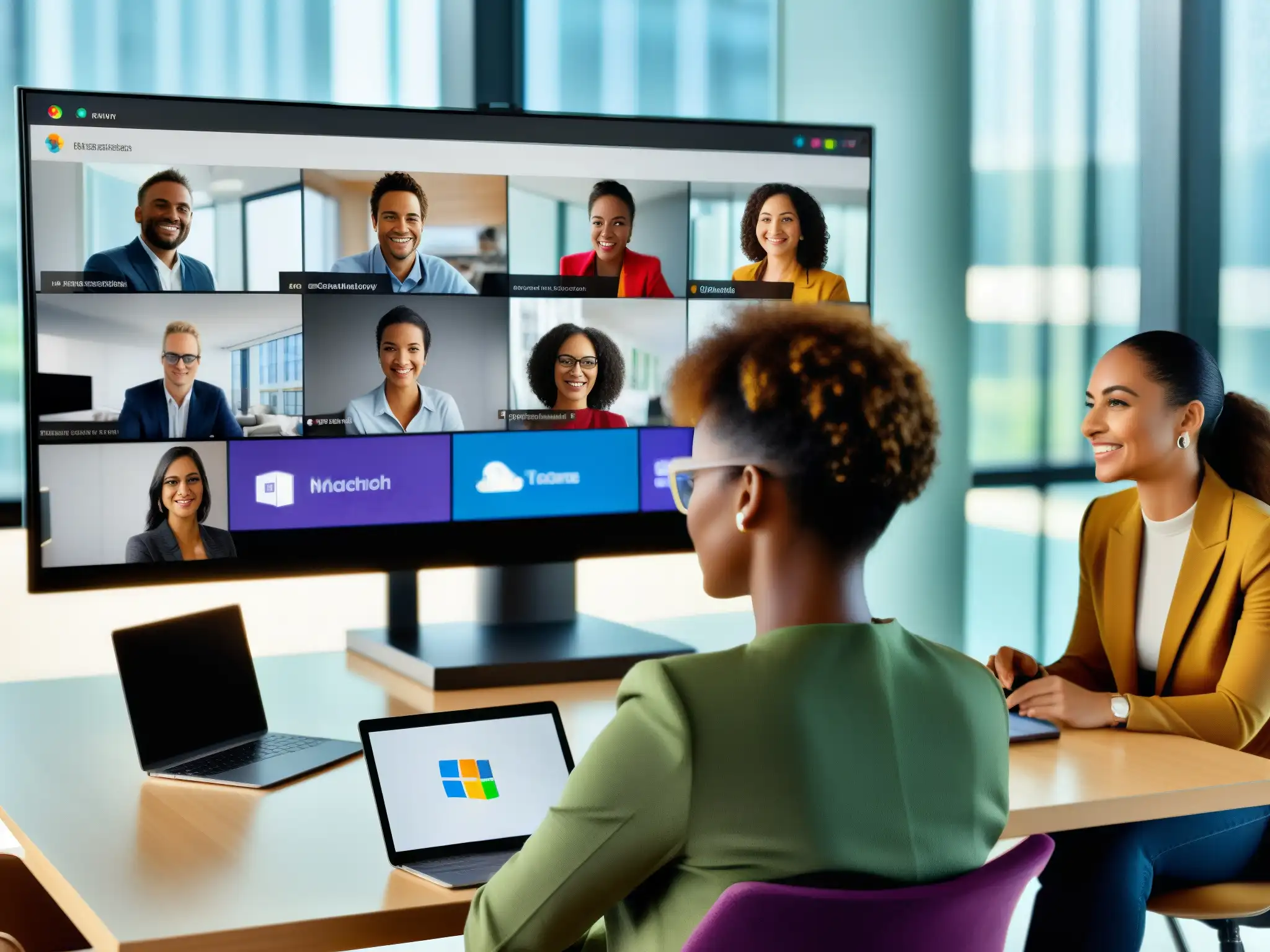 Profesionales colaborando en reunión virtual con Microsoft Teams Profesionales colaborando en una videoconferencia de Microsoft Teams en una oficina corporativa moderna