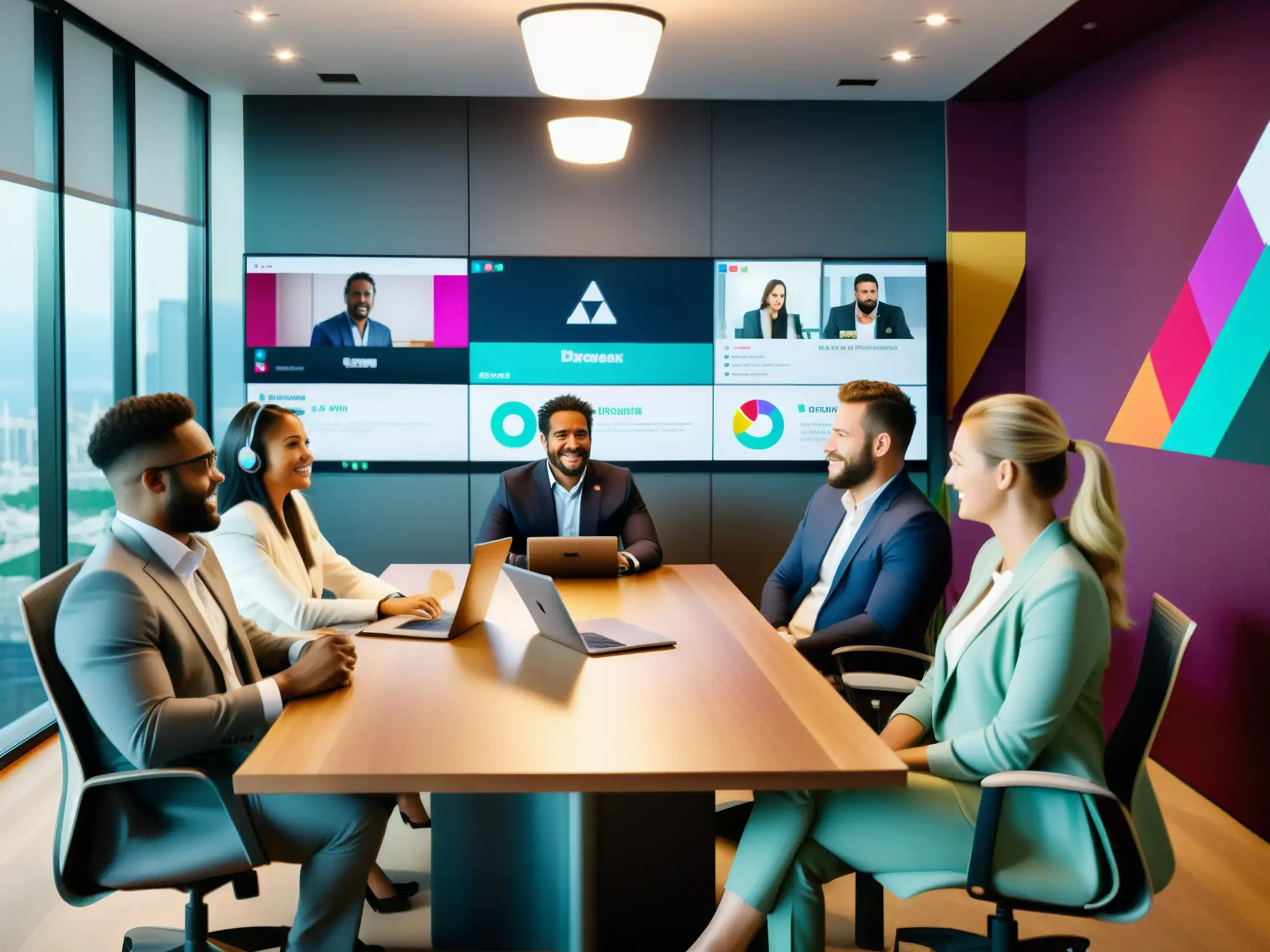 Reunión profesional por videoconferencia en Slack: Productividad en equipo Profesionales colaborando en videoconferencia en Slack en una oficina moderna, discutiendo proyectos con gráficos en pantalla