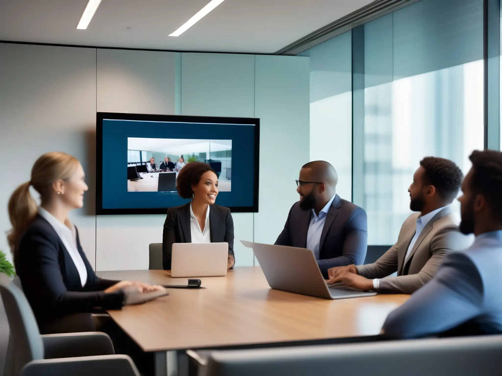 Reunión de negocios en oficina moderna con Webex Profesionales en videoconferencia por Webex en una oficina moderna, transmitiendo seguridad en videoconferencia para PYMES