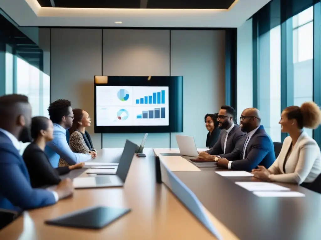 Reunión virtual de profesionales: trabajo en equipo dinámico Profesionales colaborando en videoconferencia en una oficina moderna