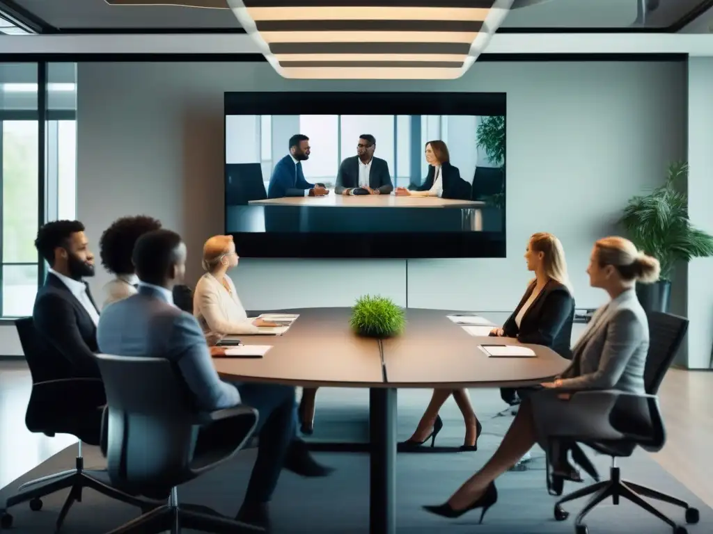 Videoconferencia profesional en moderna oficina Profesionales en videoconferencia vía WhatsApp Business en una oficina moderna