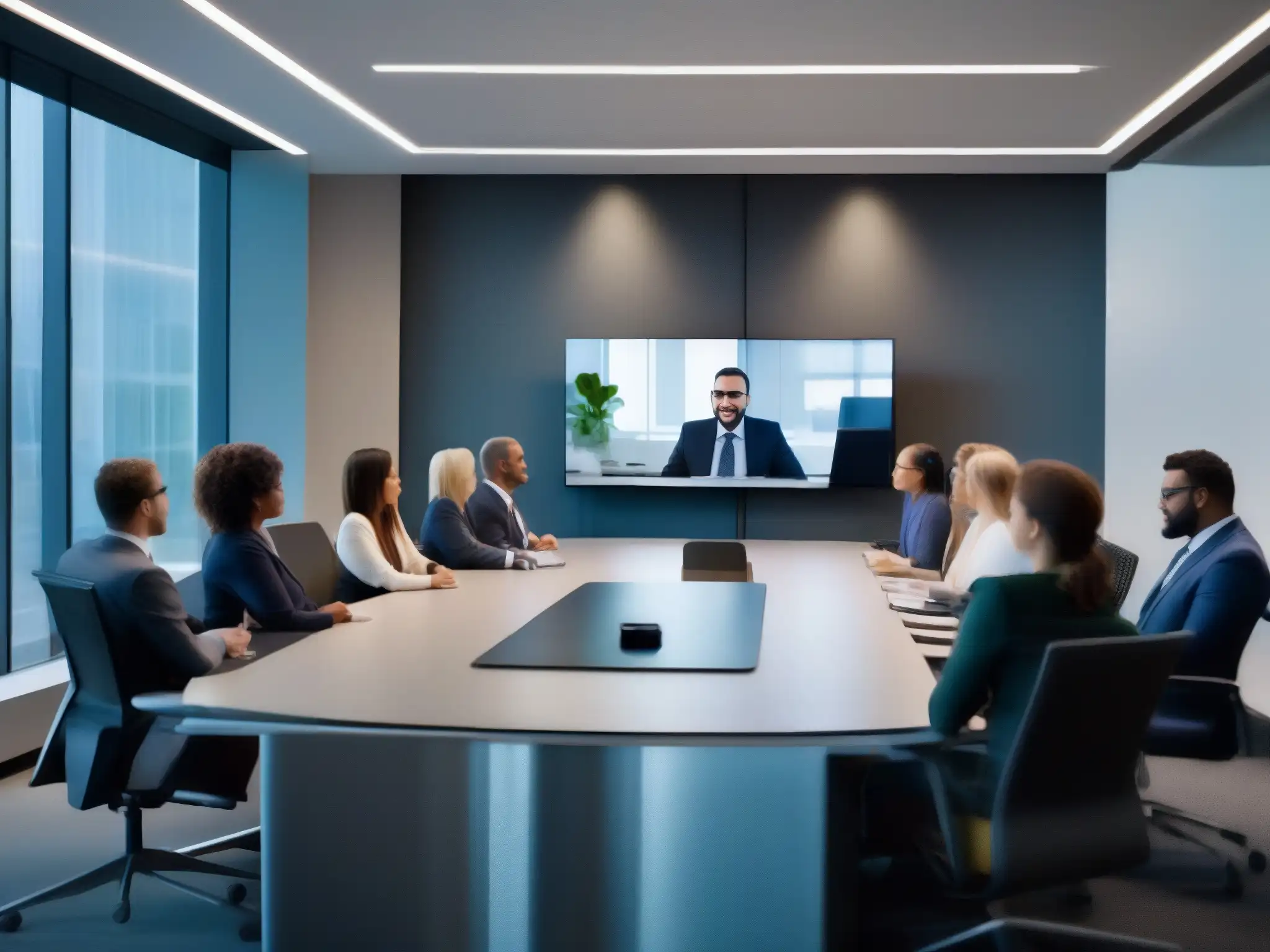 Reunión virtual de profesionales en oficina moderna Profesionales en videoconferencia en una oficina moderna