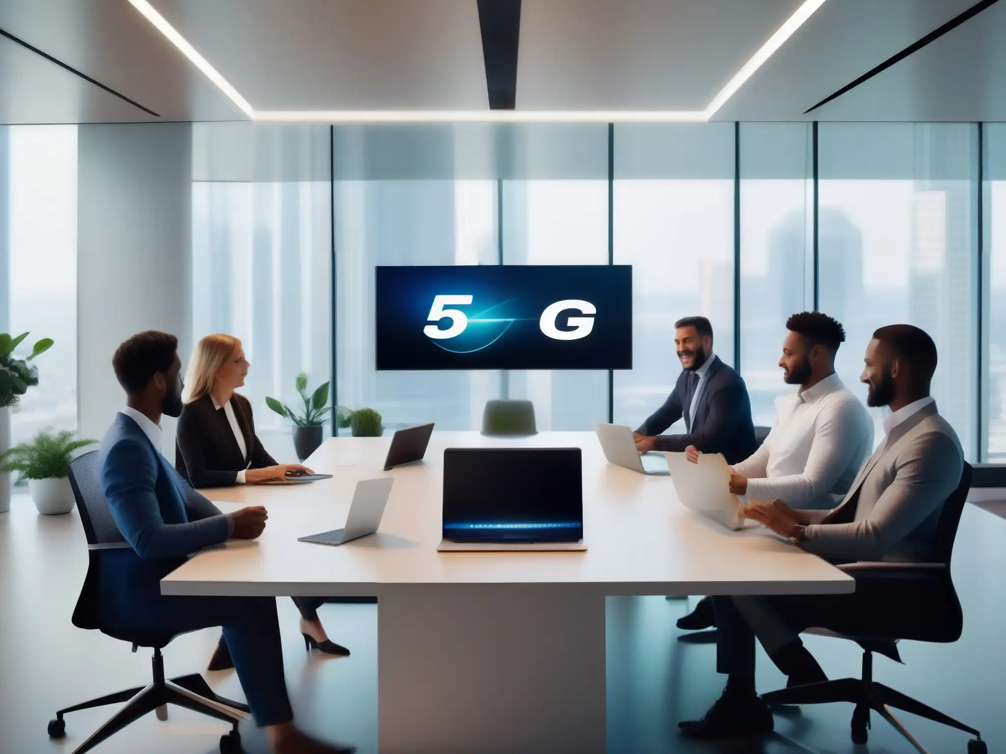 Videoconferencia 5G en Oficina Moderna Profesionales en videoconferencia 5G en oficina moderna, mostrando implementación 5G videoconferencias profesionales con calidad y eficiencia