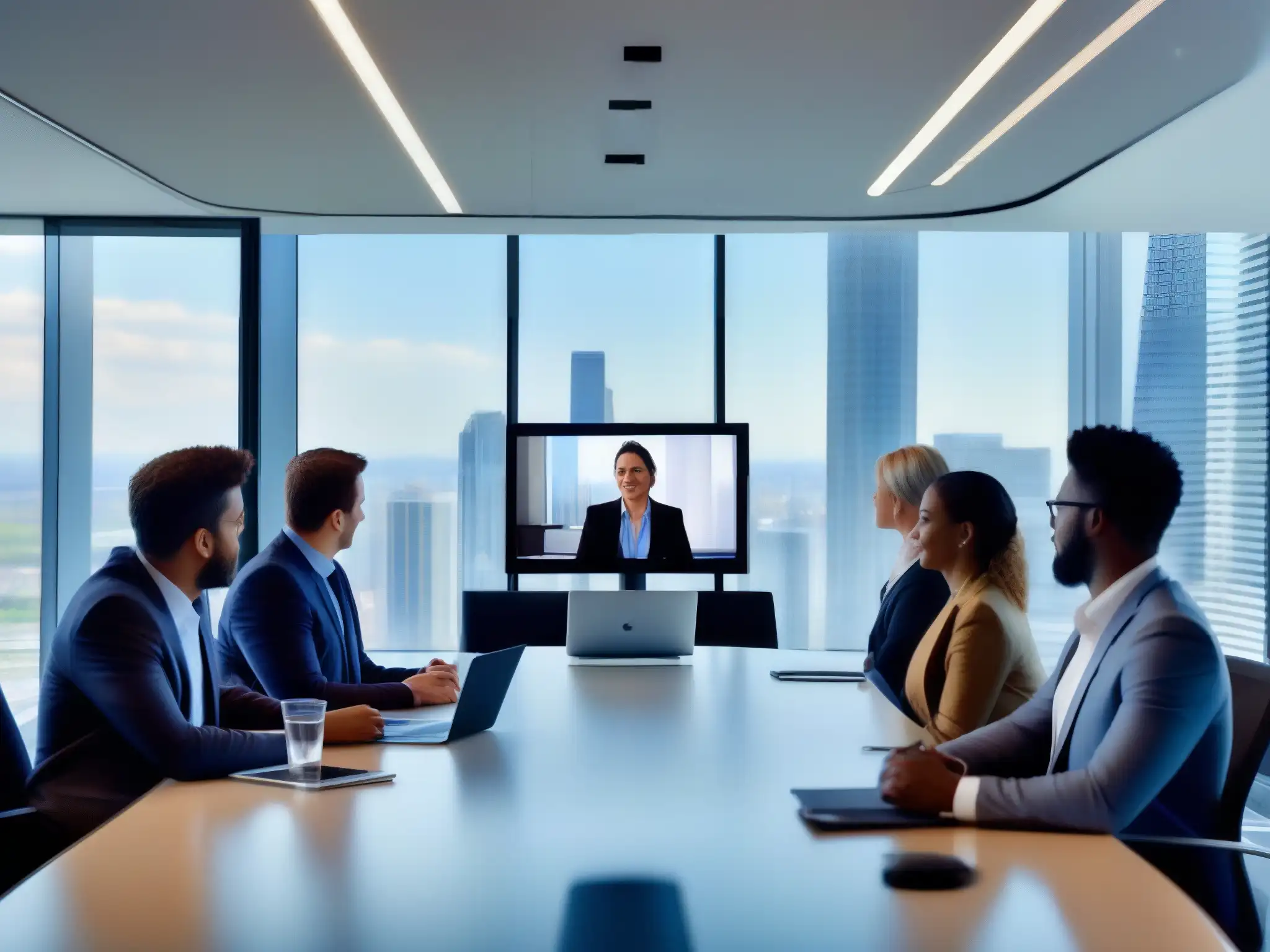 Reunión de videoconferencia en oficina moderna Profesionales en videoconferencia en oficina moderna con vista a la ciudad