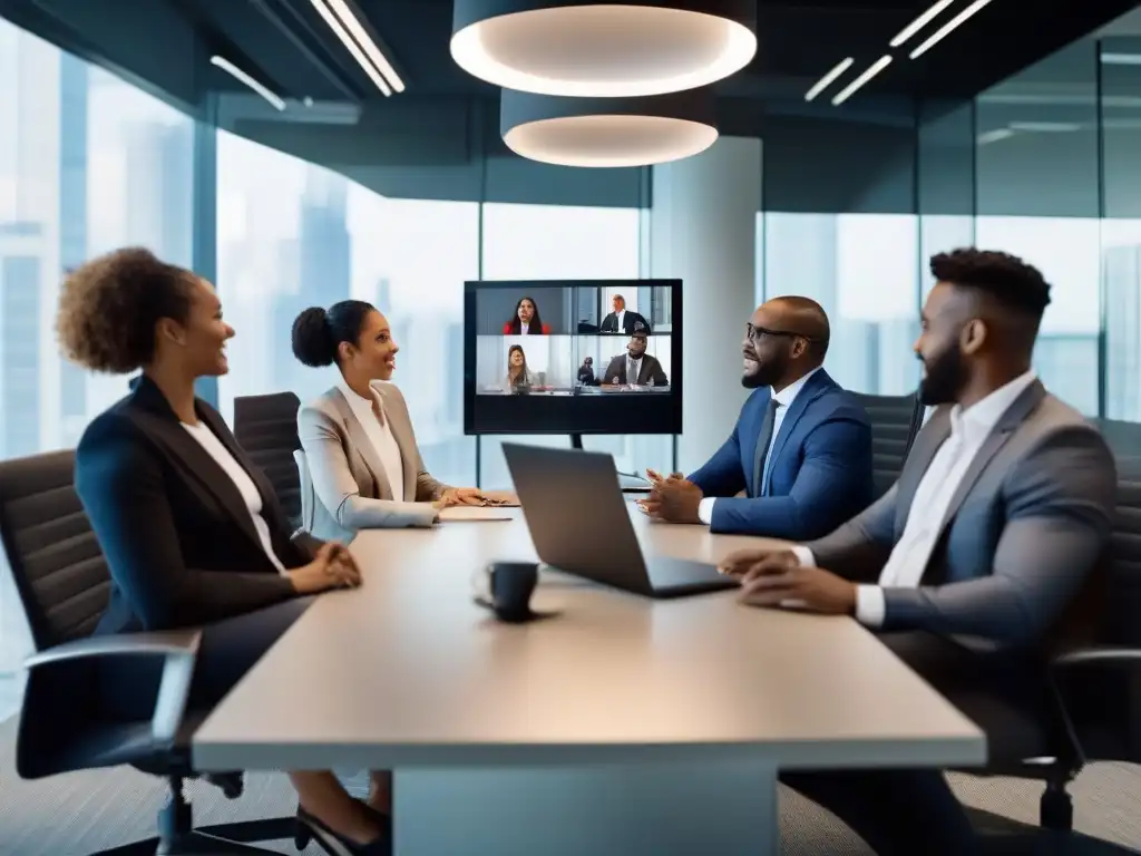 Profesionales diversificados en reunión virtual, ambiente moderno y seguro Profesionales en videoconferencia en una oficina moderna, transmitiendo seguridad y eficiencia