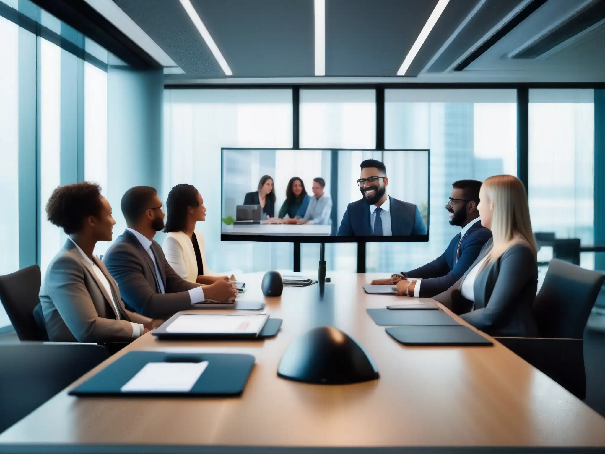 Profesionales en videoconferencia: colaboración y tecnología de vanguardia Profesionales en videoconferencia en oficina moderna con equipamiento de alta tecnología