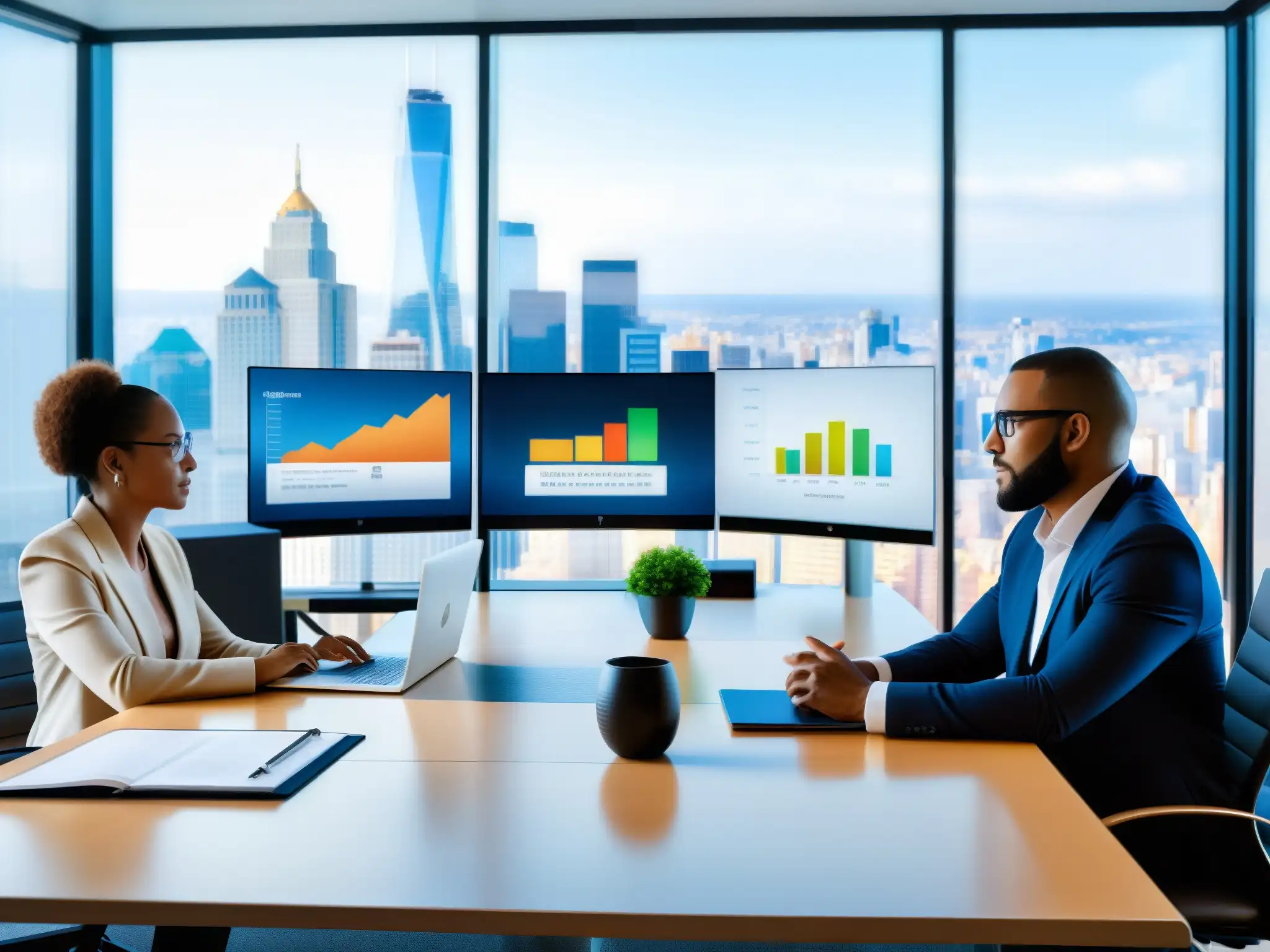 Reunión profesional en oficina moderna con vista a la ciudad Profesionales colaboran en una videoconferencia en una oficina moderna con tendencias de trabajo remoto
