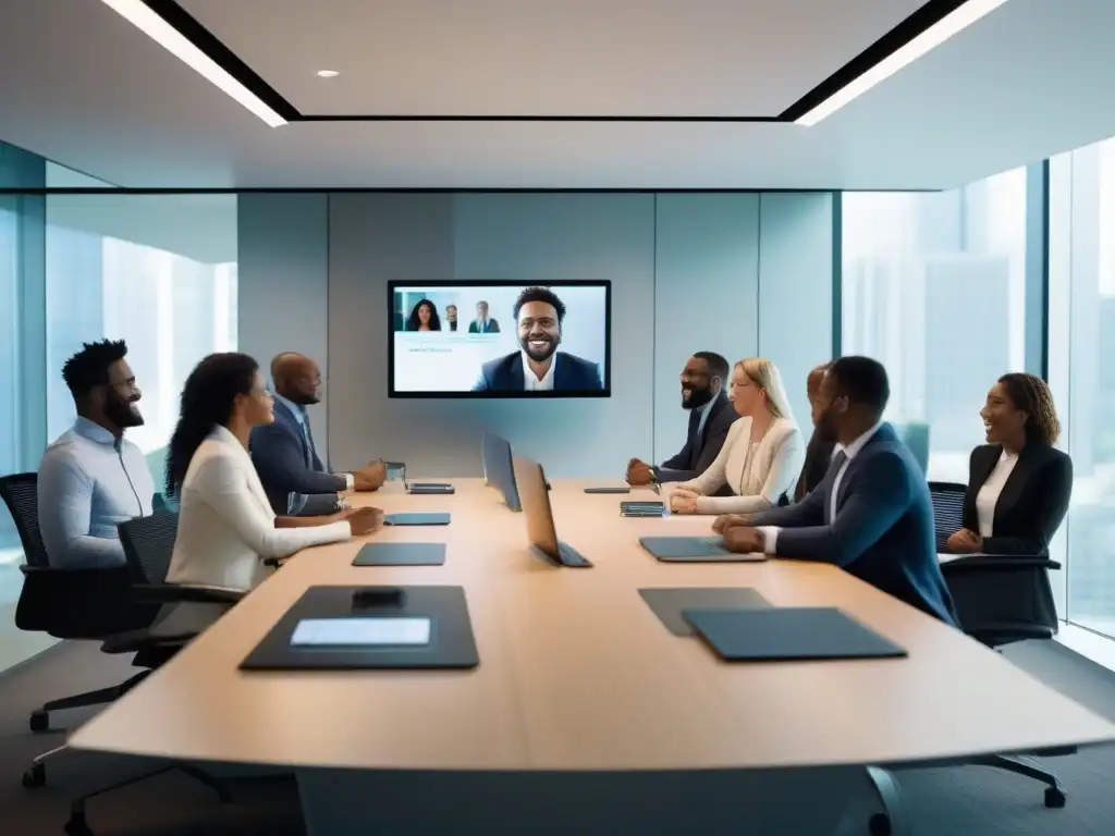 Reunión virtual de profesionales en Webex 'Profesionales en videoconferencia Webex en una oficina moderna, colaborativa y profesional