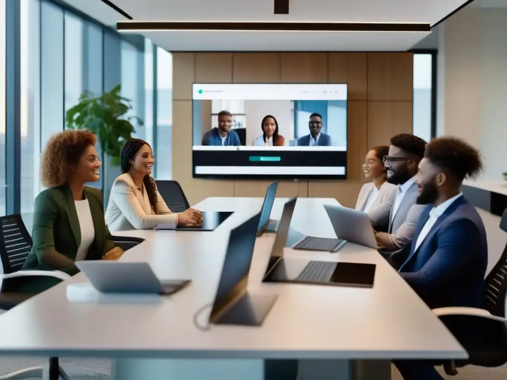 Profesionales colaborando en videoconferencia Slack Profesionales colaborando en una videoconferencia en una oficina moderna