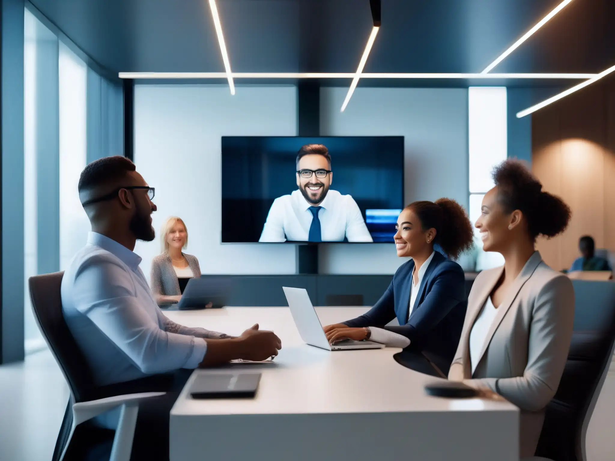 Videoconferencia mejorada por IA en oficina futurista Profesionales en videoconferencia en oficina moderna con mejora calidad vídeo IA, expresando entusiasmo en sus discusiones