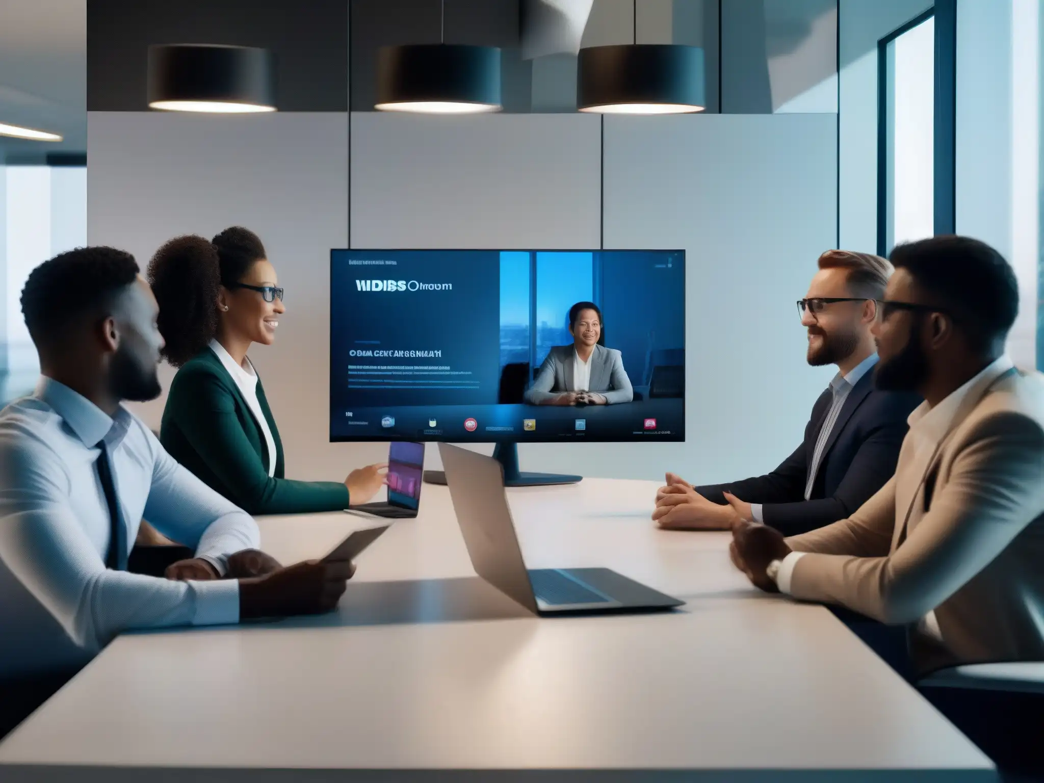 Profesionales en videoconferencia: diversidad y profesionalismo Profesionales en videoconferencia en oficina moderna, mostrando profesionalismo y enfoque