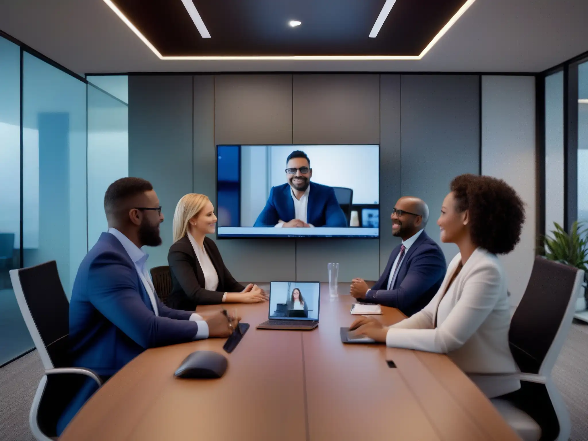 Reunión virtual con Fuze: Comunicación efectiva en ambiente moderno Profesionales en videoconferencia con moderna decoración de oficina