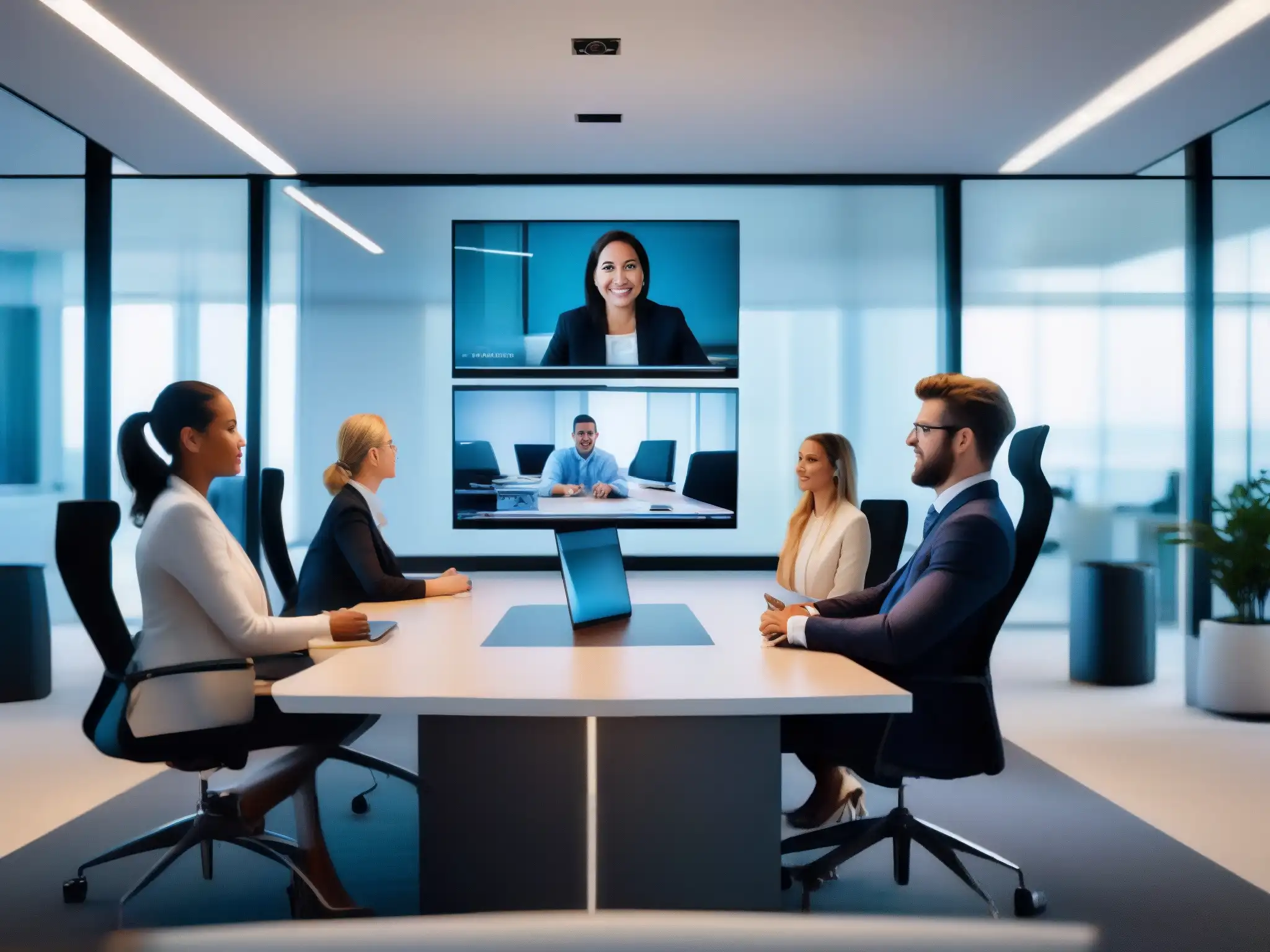 Profesionales en videoconferencia: modernidad y profesionalismo Profesionales en videoconferencia, oficinas modernas, tecnología avanzada