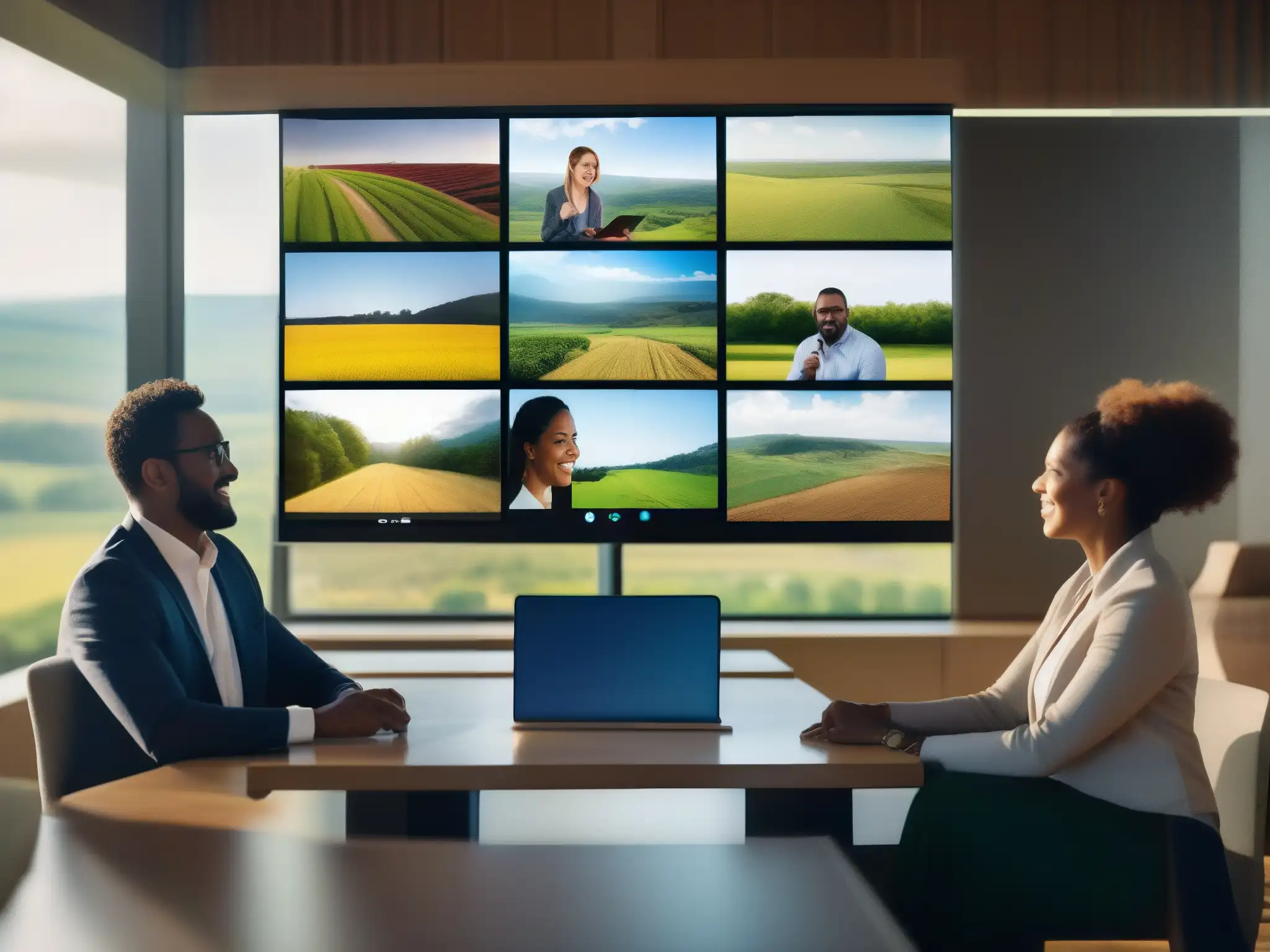 Profesionales en videoconferencia: integración tecnológica y naturaleza Profesionales en videoconferencia, con paisaje rural de fondo