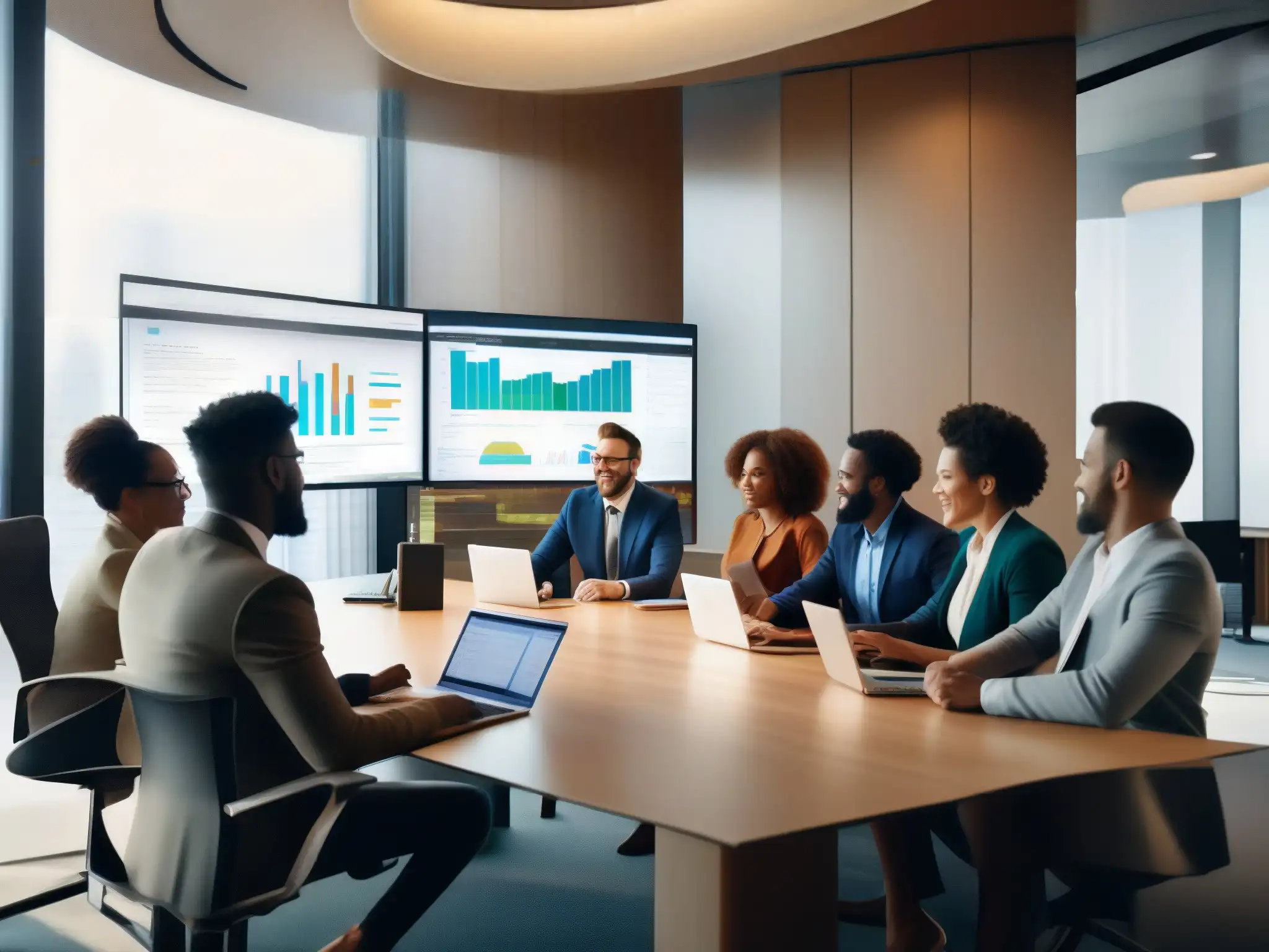 Reunión virtual de profesionales: colaboración eficiente y enfoque Profesionales colaborando en una videoconferencia, compartiendo pantallas y documentos con soluciones gestión videoconferencias grandes equipos