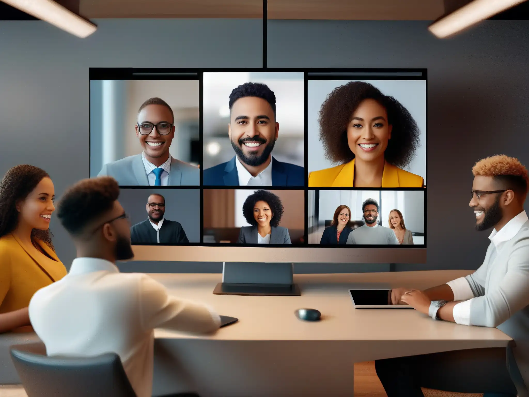 Profesionales personalizados en videoconferencia Profesionales en videoconferencia personalizada con herramientas de marca, reflejando diversidad y eficiencia