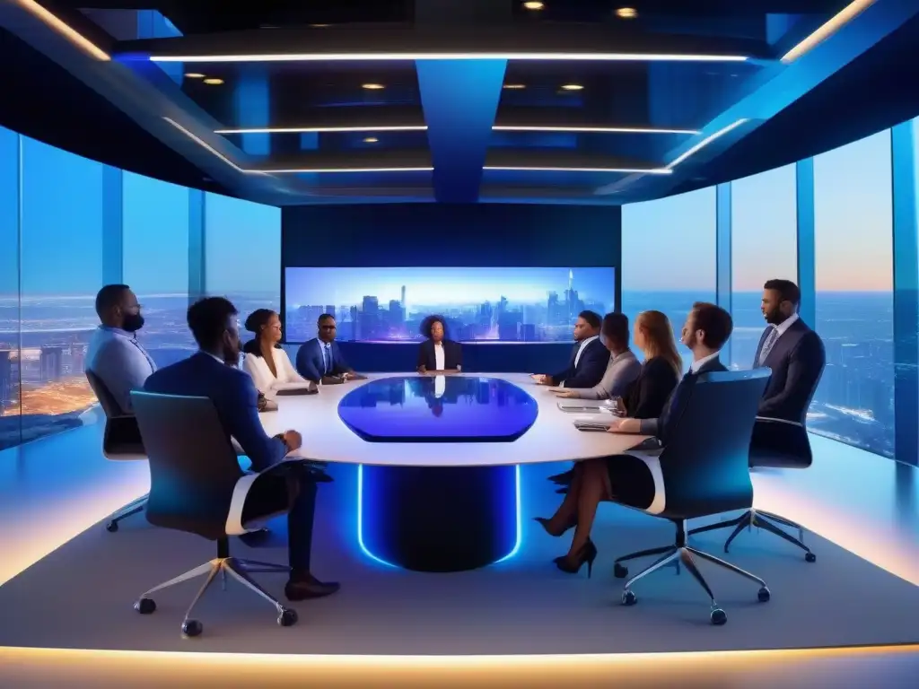 Reunión virtual de negocios en la ciudad del futuro | Vonage CRM Profesionales en videoconferencia personalizada con Vonage CRM, en una moderna sala de reuniones con vista a la ciudad futurista