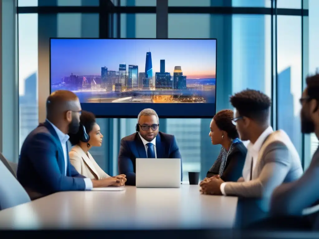 Profesionales en videoconferencia: crisis en la ciudad Profesionales en videoconferencia debatiendo un plan de crisis, con una ciudad moderna de fondo