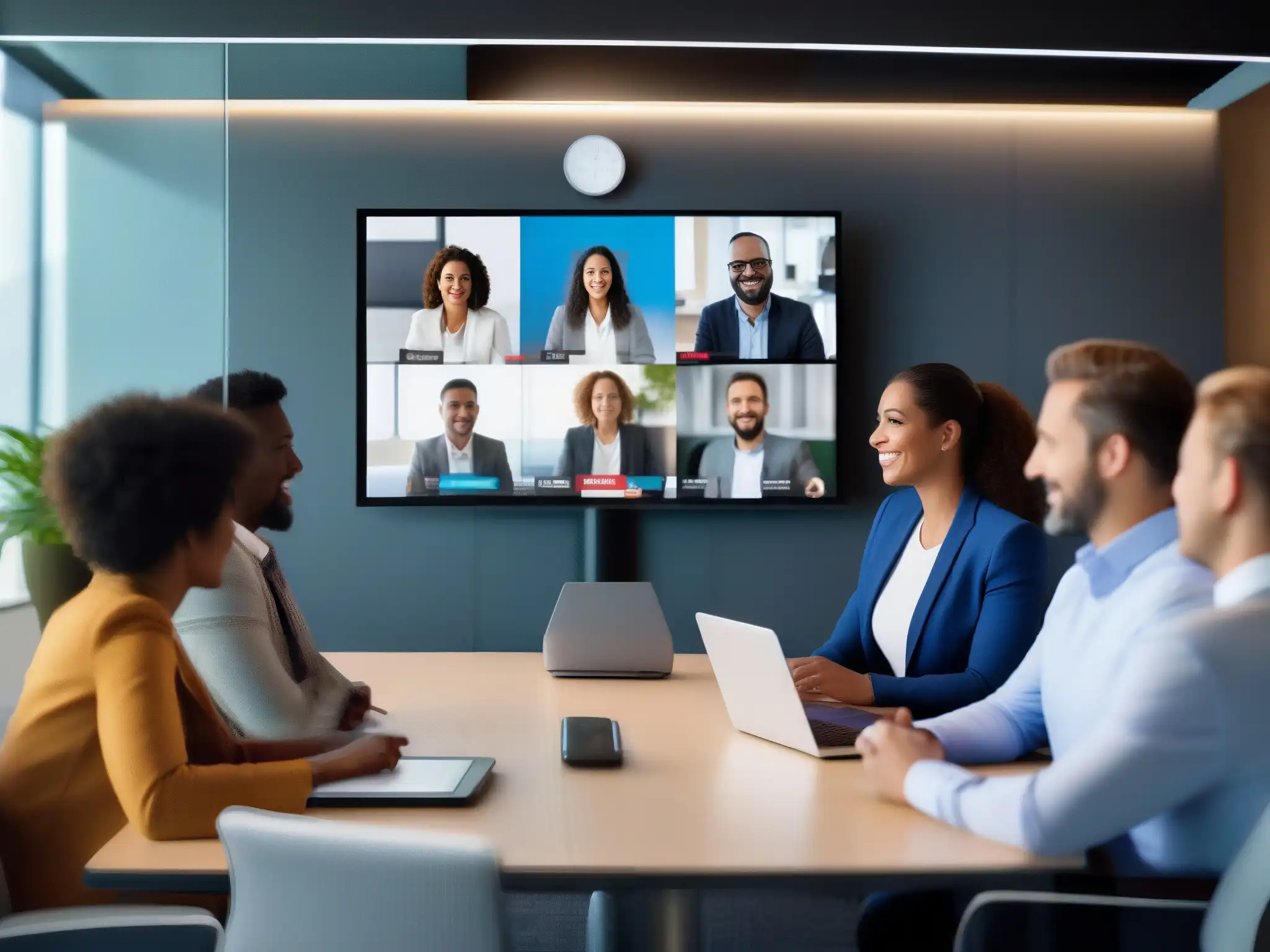 Reunión virtual de profesionales: colaboración dinámica y productiva Profesionales participan activamente en una videoconferencia en una plataforma ideal para videoconferencia profesional