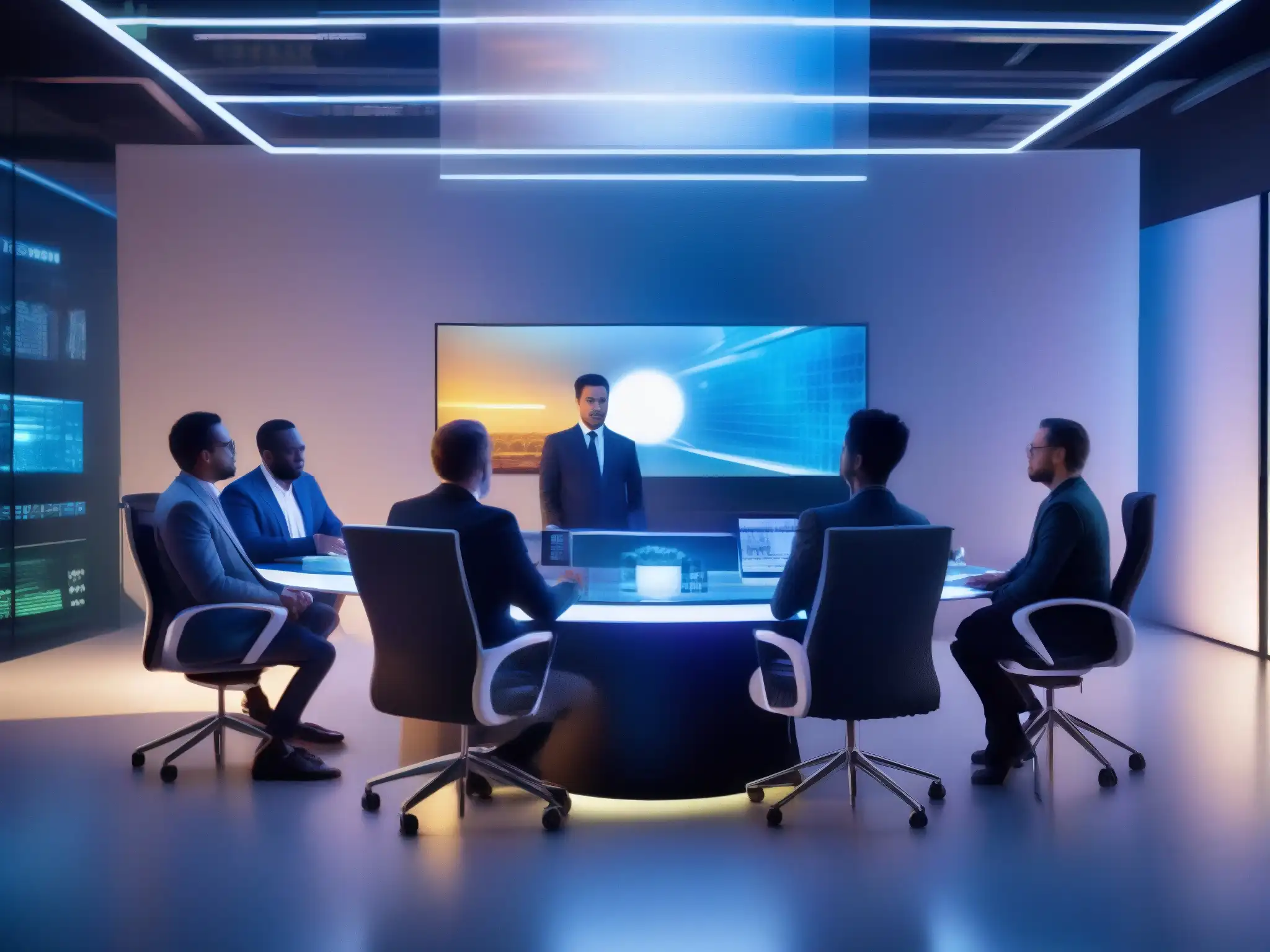 Conferencia virtual de profesionales en ambiente tecnológico Profesionales en videoconferencia con plataformas de cifrado, en un entorno moderno y seguro, con tecnología de vanguardia