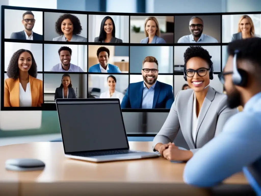 Videoconferencia profesional: integración perfecta de plataformas Diversos profesionales en una videoconferencia, con plataformas integradas para una colaboración eficiente y moderna