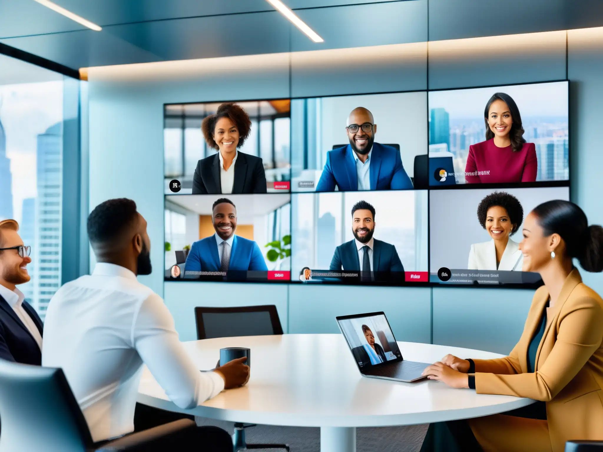 Profesionales seguros en videoconferencia Profesionales en videoconferencia con plataformas seguras para videoconferencias, en ambiente contemporáneo y profesional
