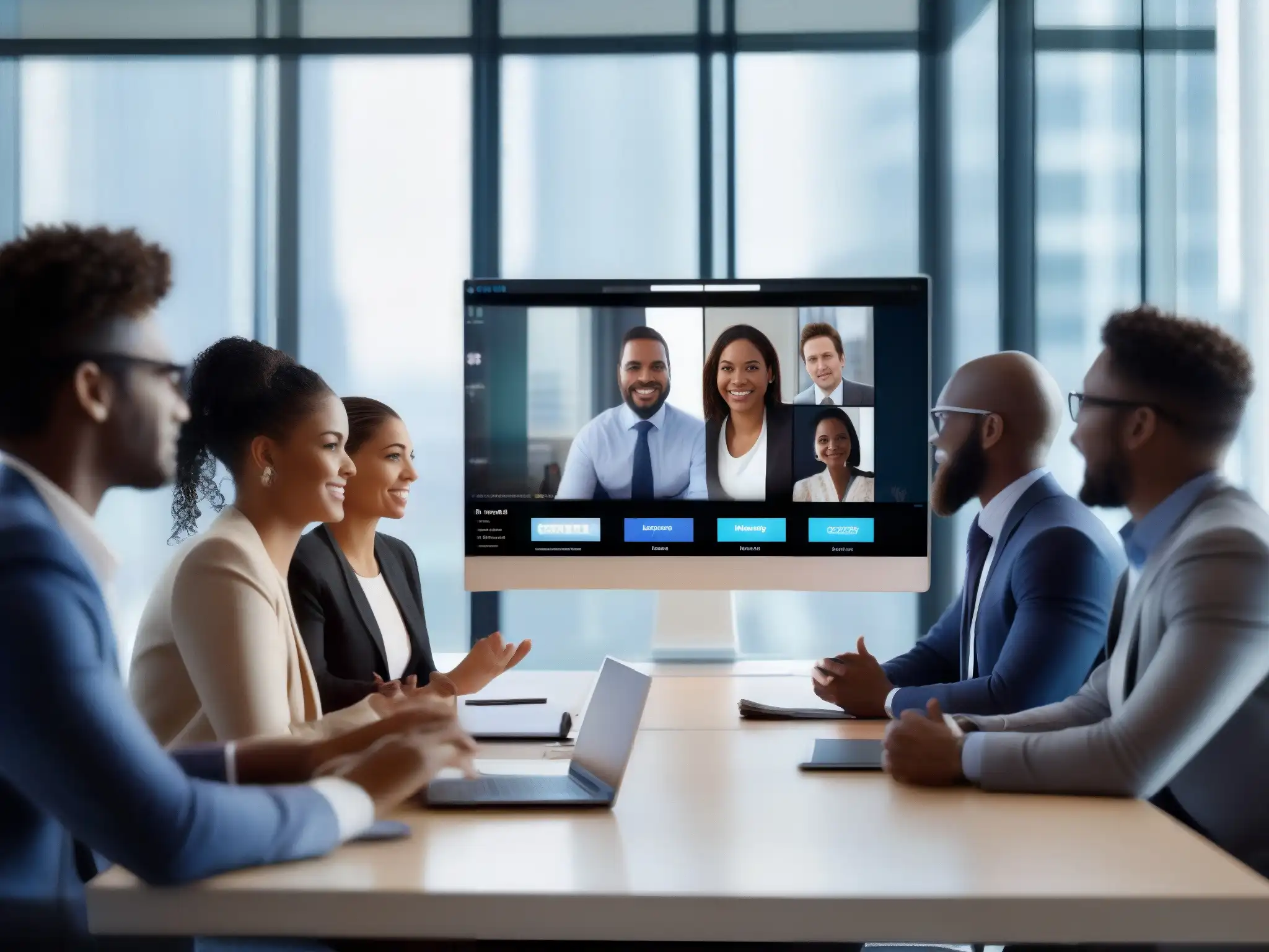Reunión virtual de profesionales: colaboración y productividad Profesionales colaborando en videoconferencia con plataformas de videoconferencia eficientes