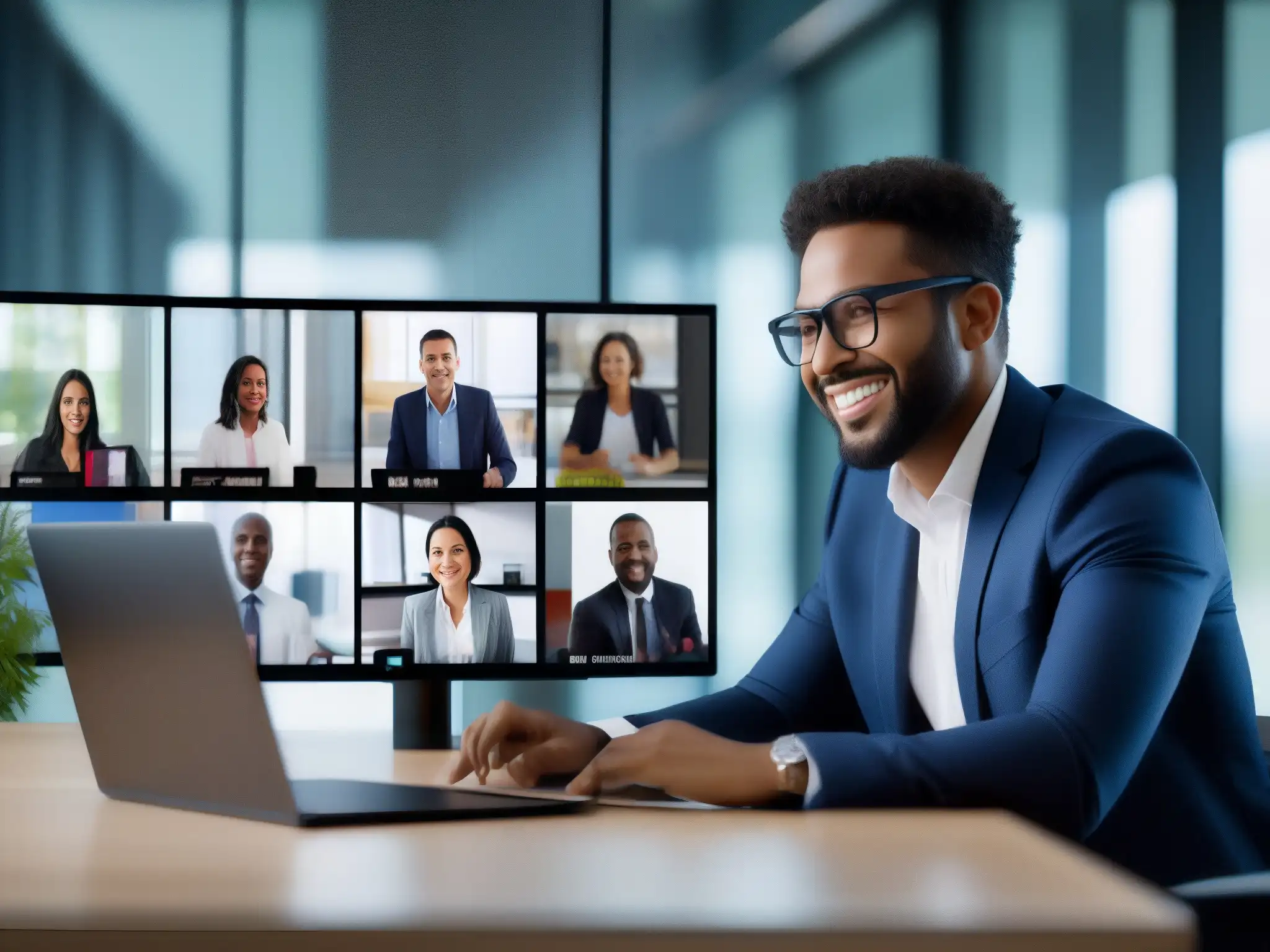 Conferencia virtual profesional: reunión de expertos en pantalla Profesionales en videoconferencia con políticas privacidad y ambiente profesional