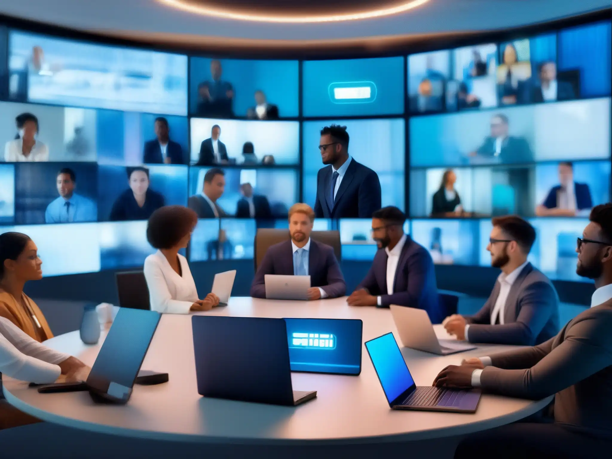 Profesionales seguros en videoconferencia futurista Profesionales en videoconferencia con privacidad y ciberseguridad en un entorno tecnológico futurista
